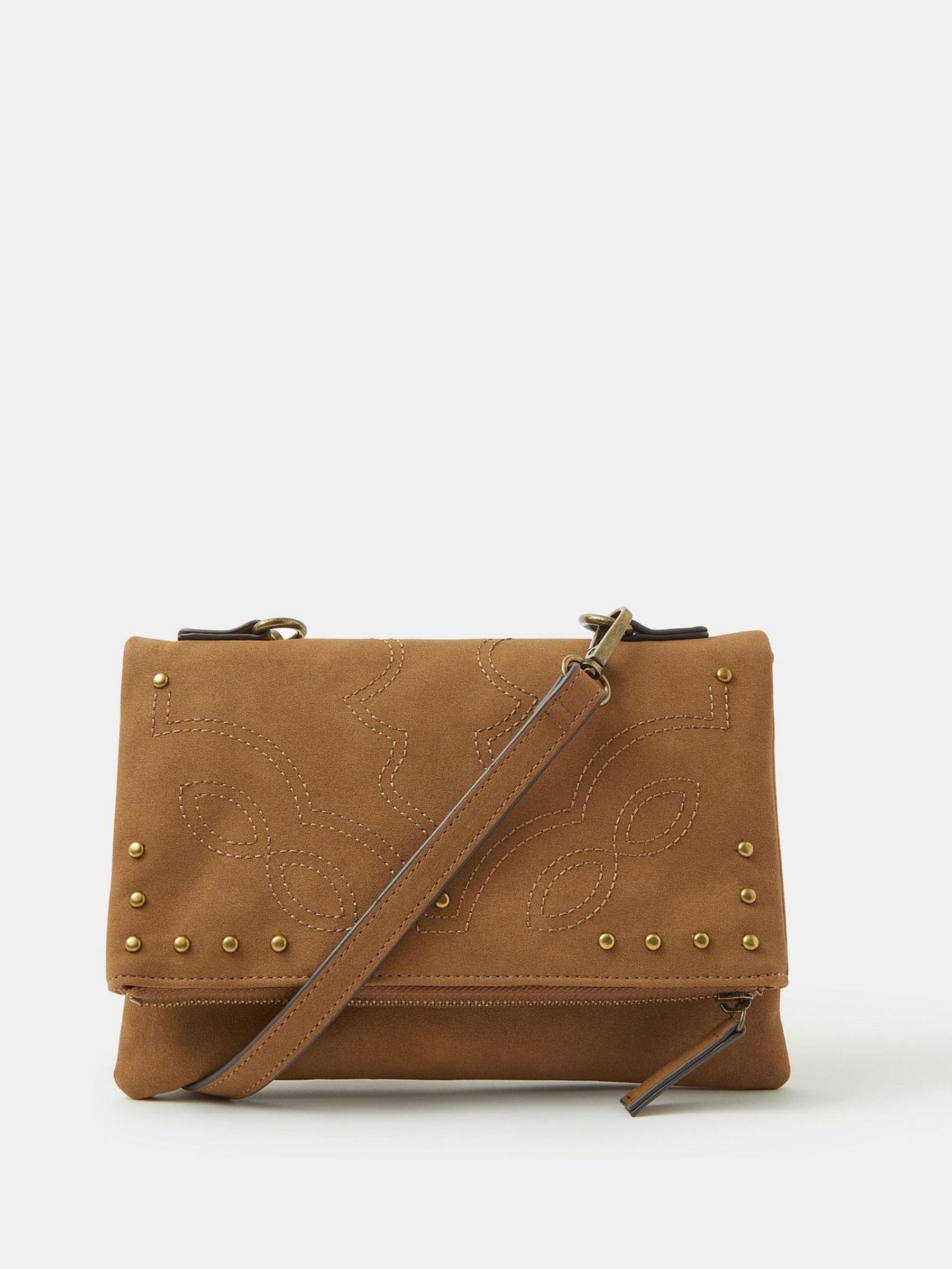 Accessorize Gold Brown Fold Over Zip Western Cross-Body Bag