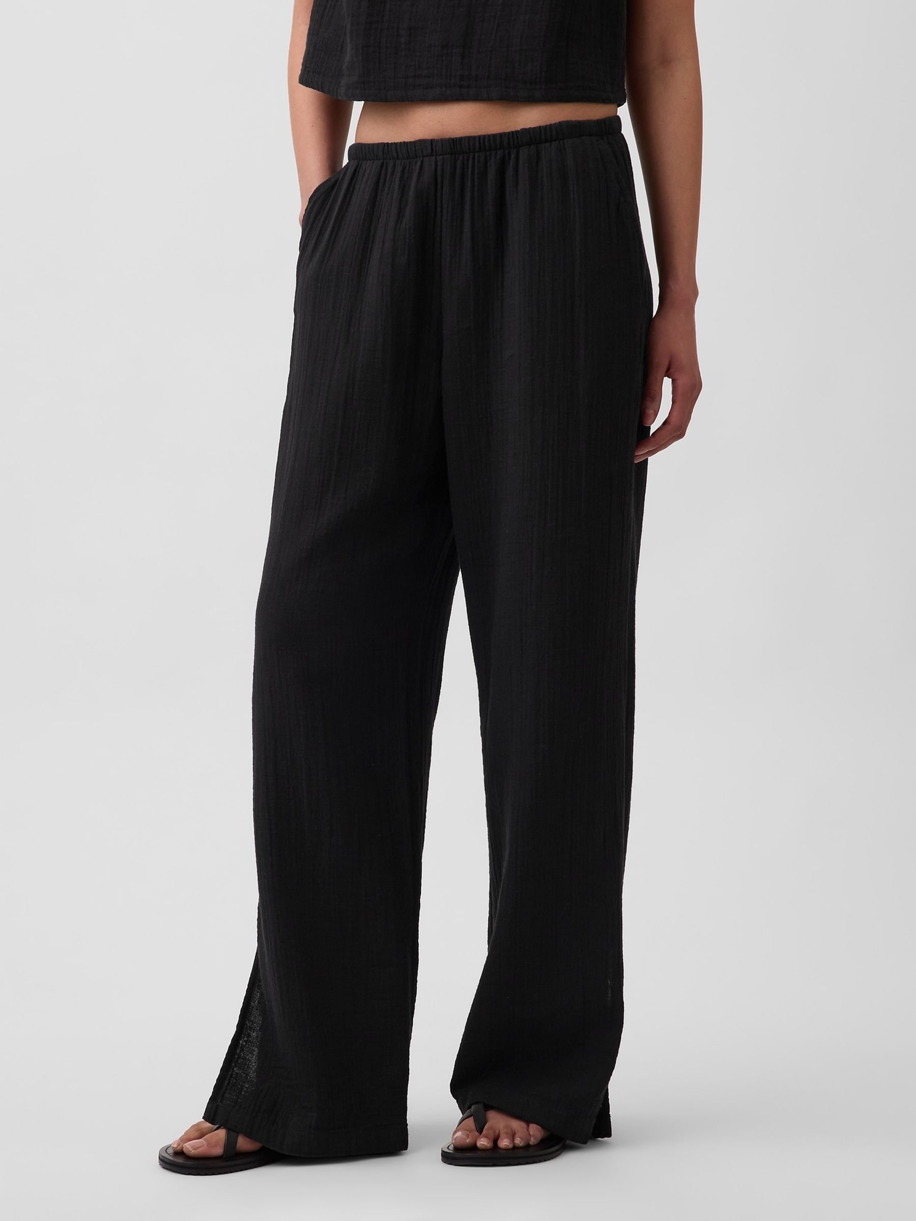 Gap Black Cotton Gauze Wide Leg Easy Split-Hem Trousers
