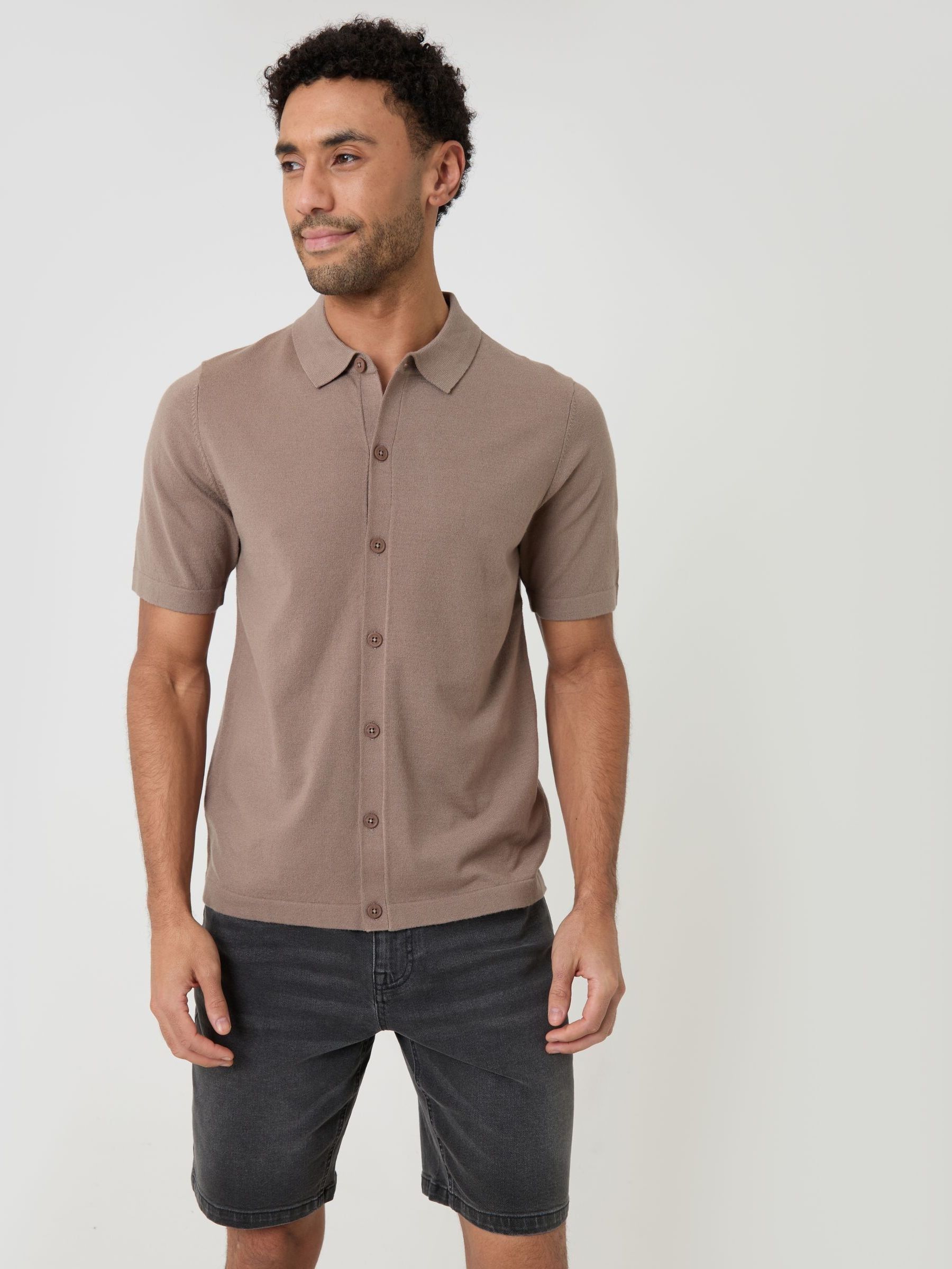 Threadbare Uomo Marrone Knitted Short Sleeve Shirt
