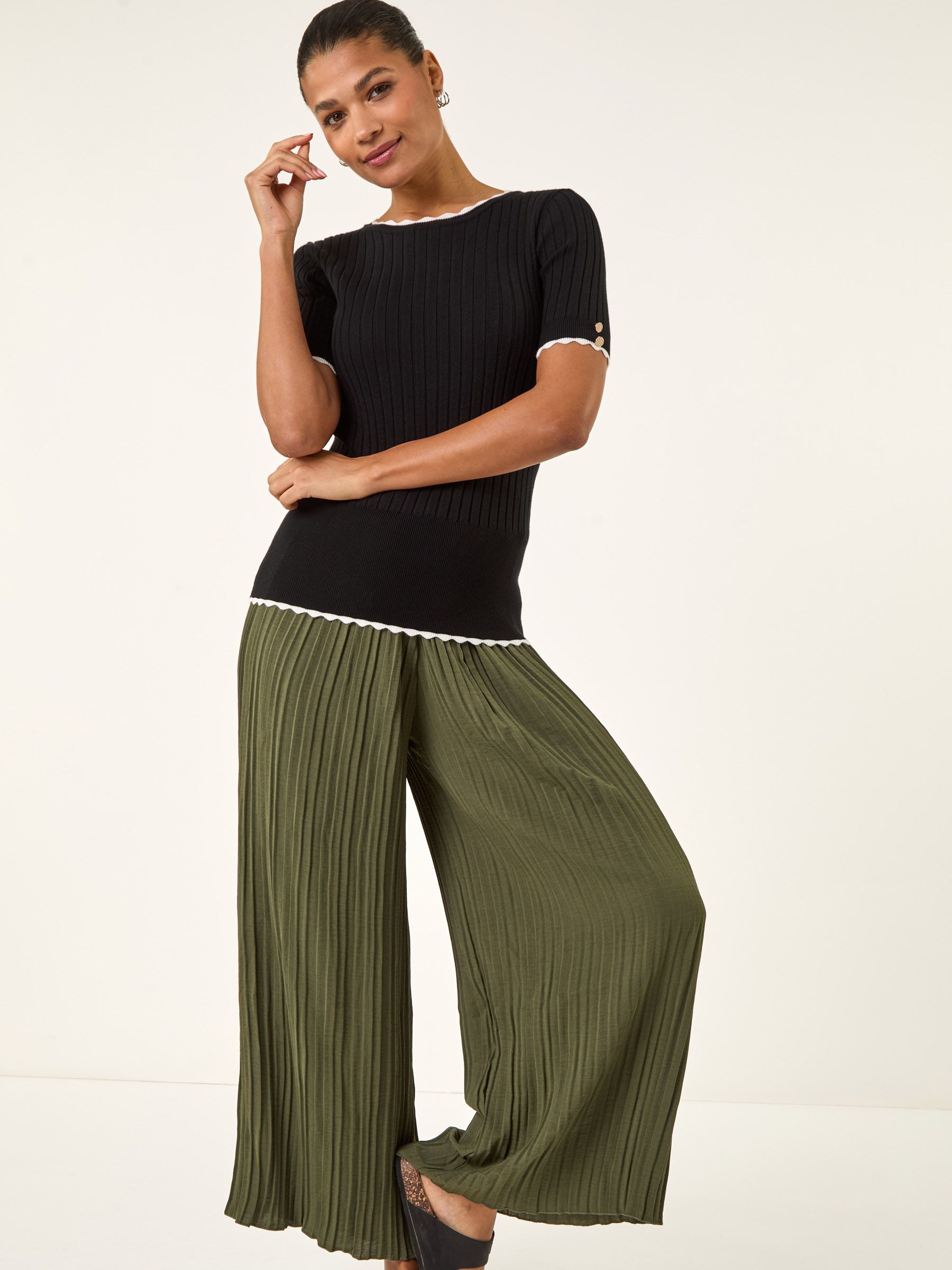 Roman Black Button Detail Ribbed Knit Top