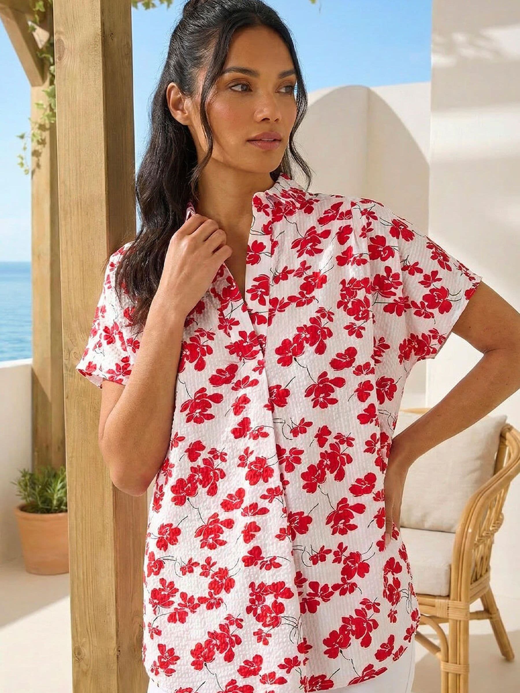 Roman Top Con Scollo A Pieghe Con Stampa Floreale