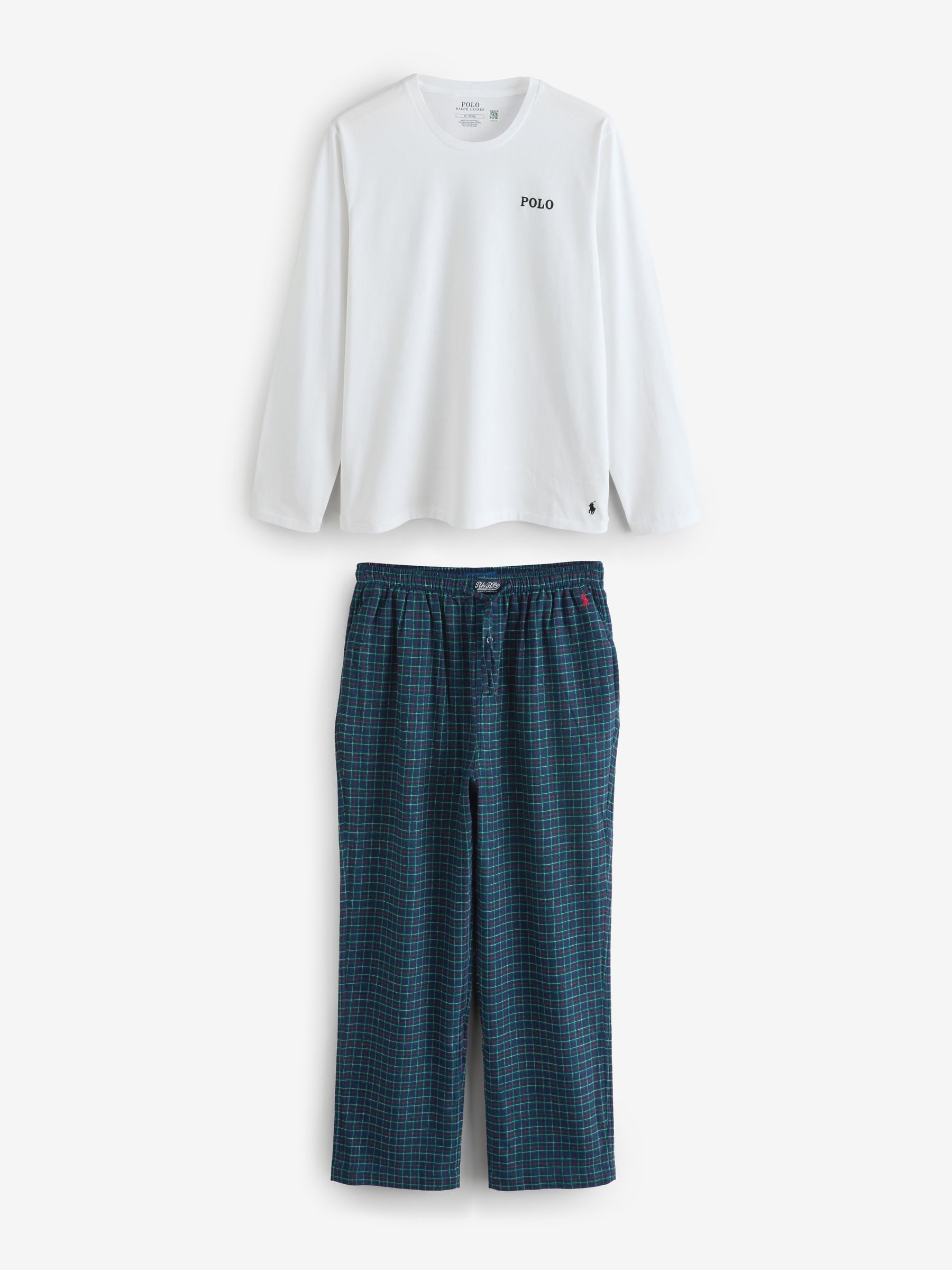 Polo Ralph Lauren White Polo Bear Print Long Sleeve Plaid Pyjamas Set