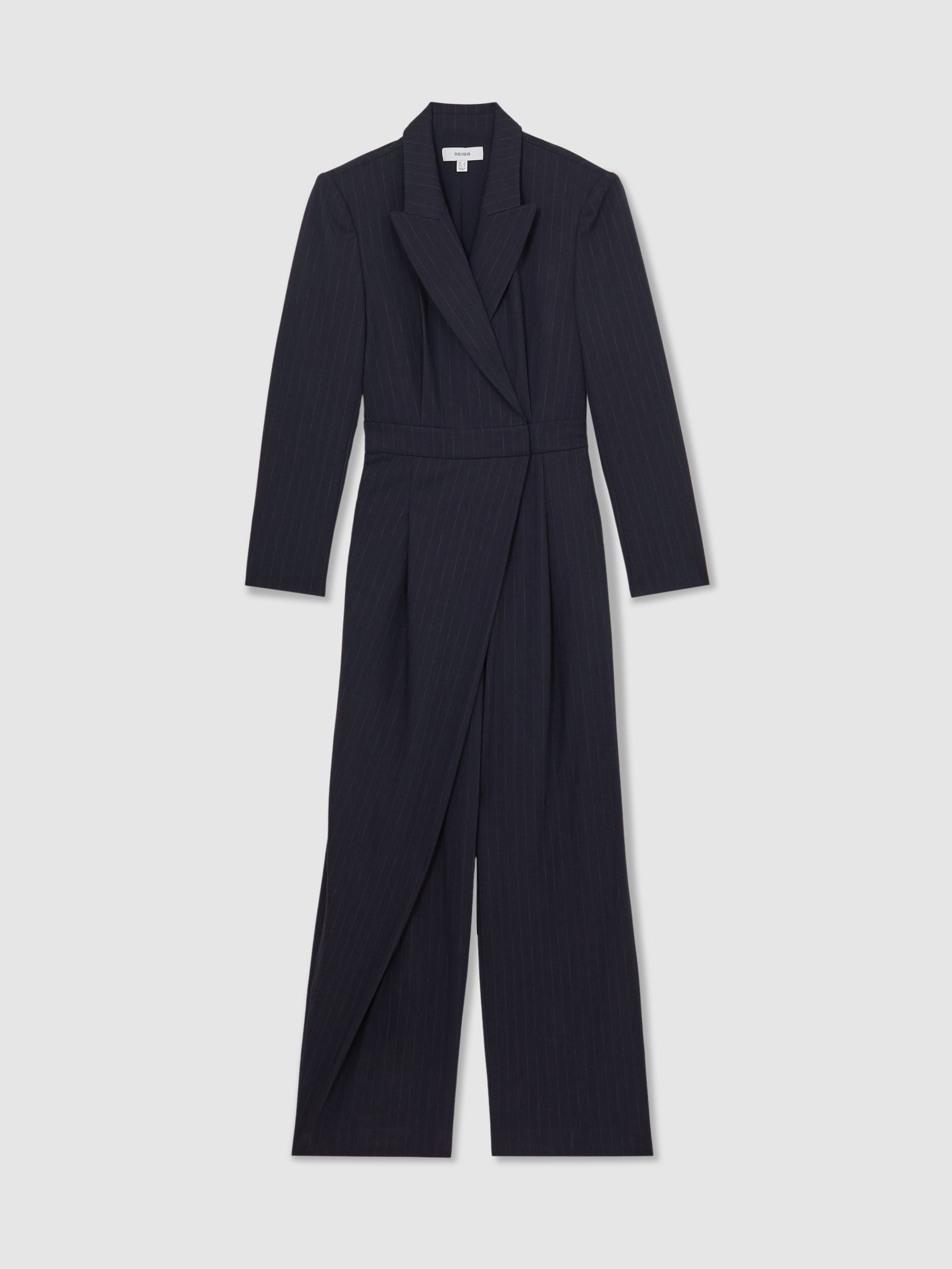 Reiss Navy Rhoda Pinstripe Tailored Wide-Leg Jumpsuit With Wool