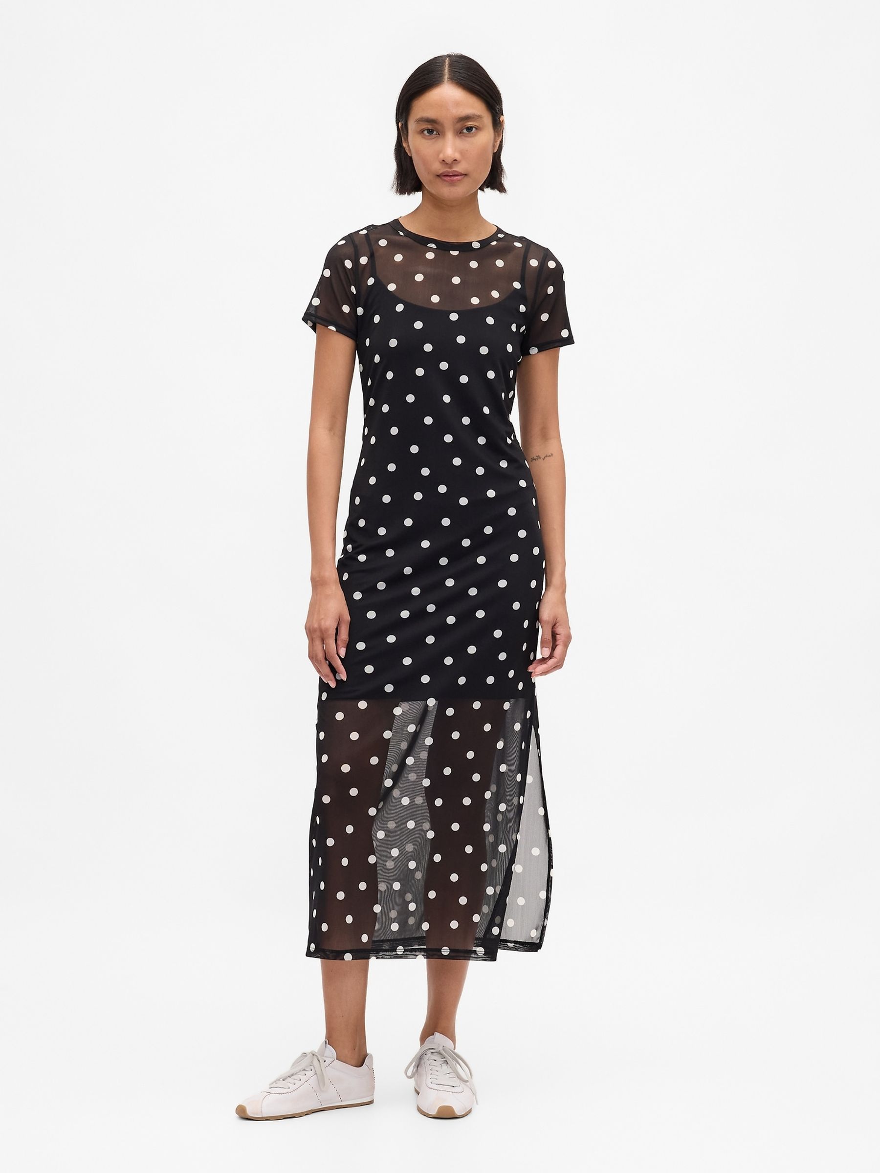 Gap Black/White Dot Mesh Square Neck Maxi Dress