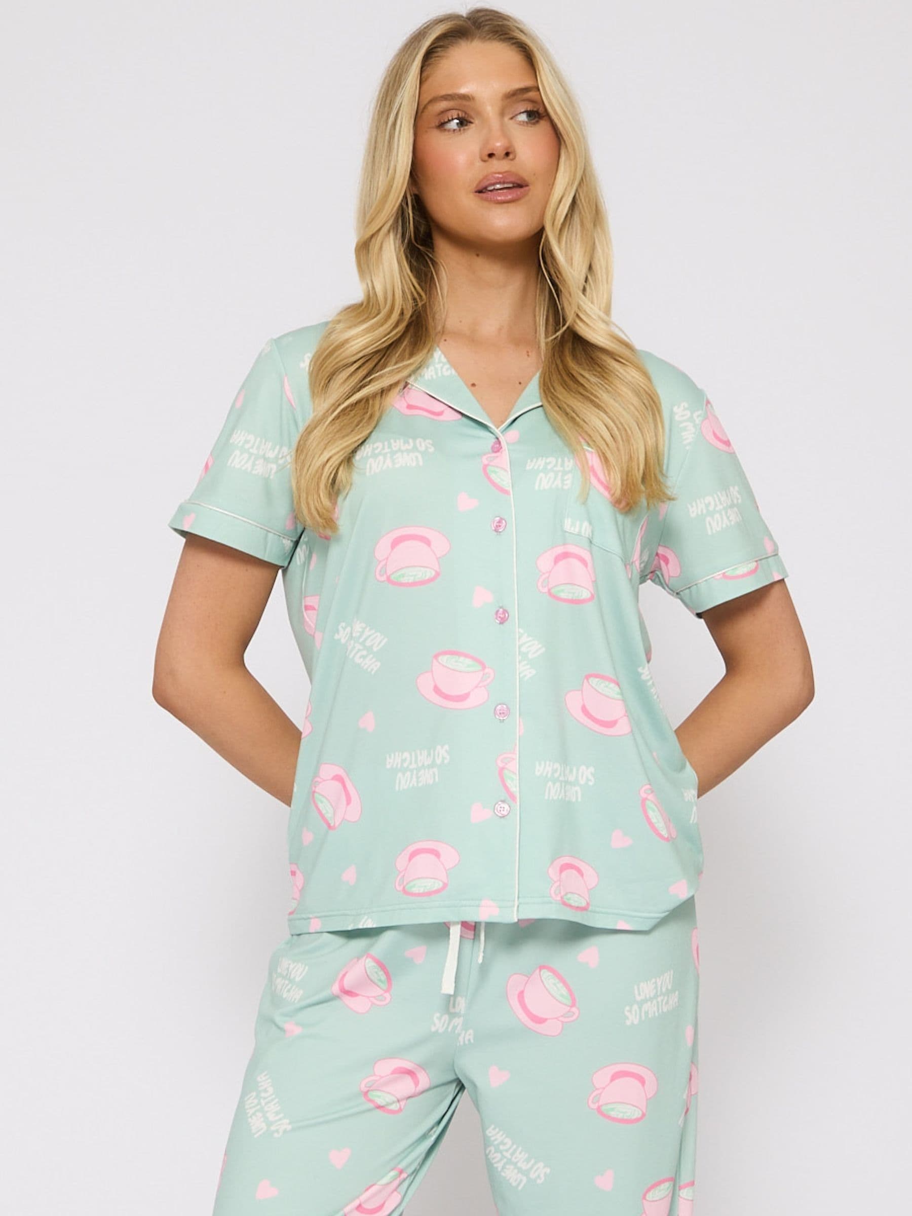 Loungeable Green Valentines I Love You So Matcha Short Sleeve Button Through Pyjamas