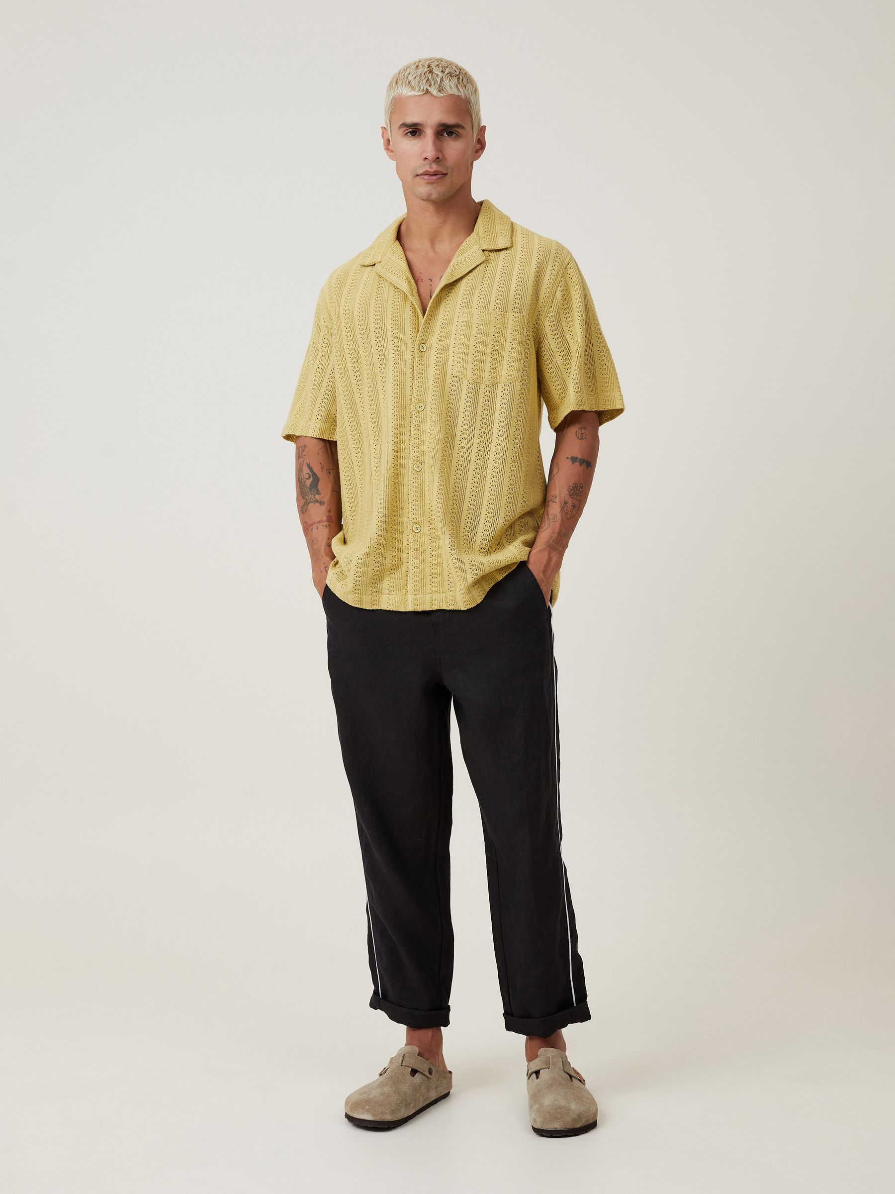 Cotton On Homme Pantalon Pantalon de Lin Jambe Droite Noir