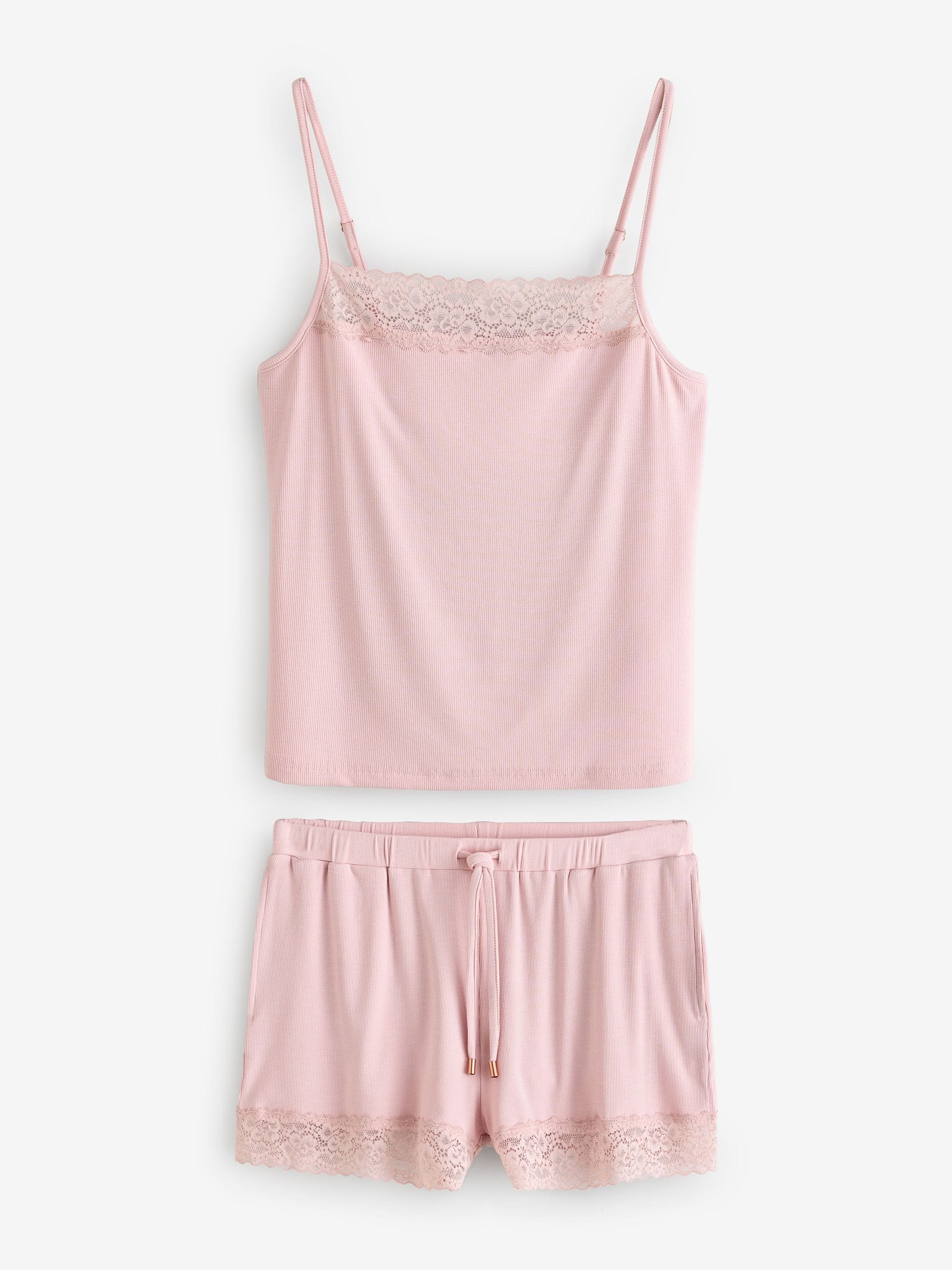 Next - Laura Ashley Pink Modal Lace Trim Ribbed Pyjamas Set