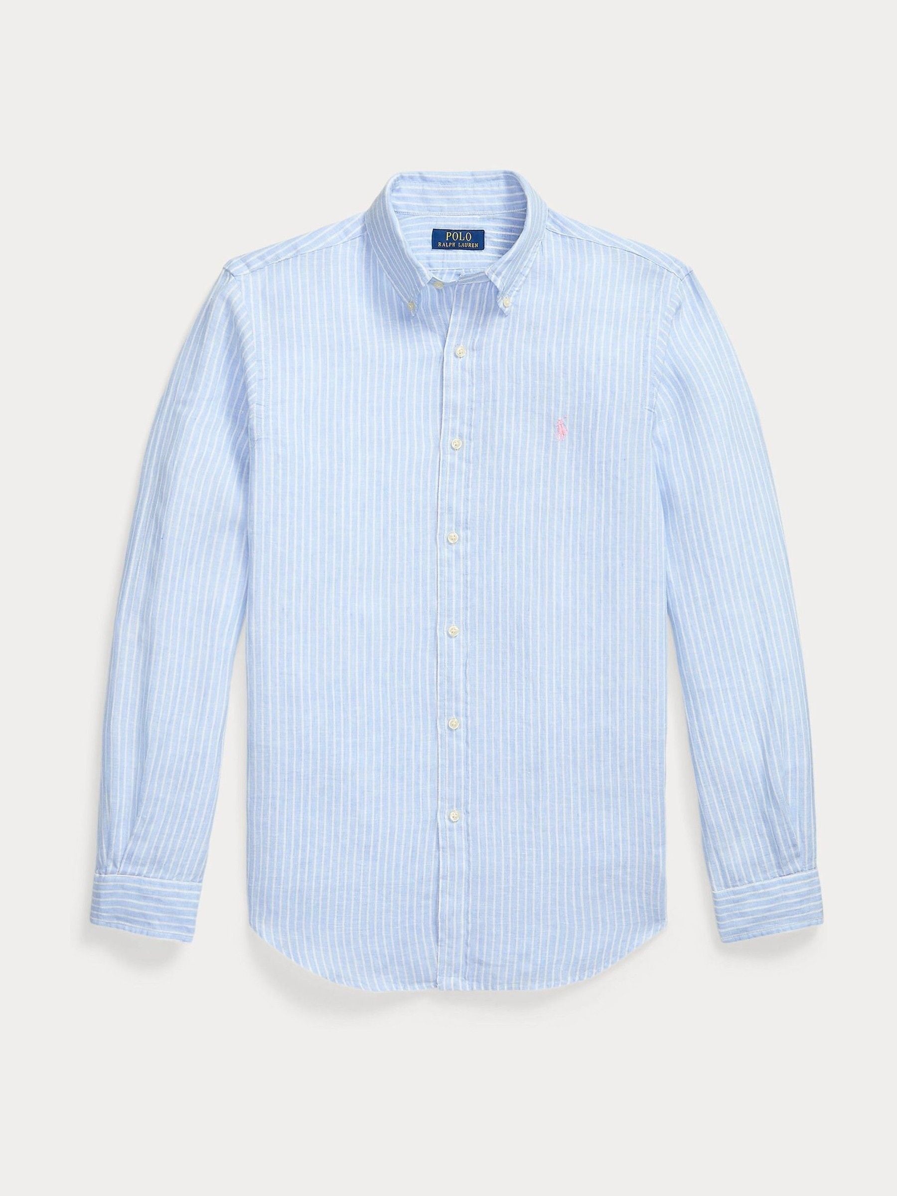 Polo Ralph Lauren Uomo Blue & White Custom Fit Linen Stripe Shirt