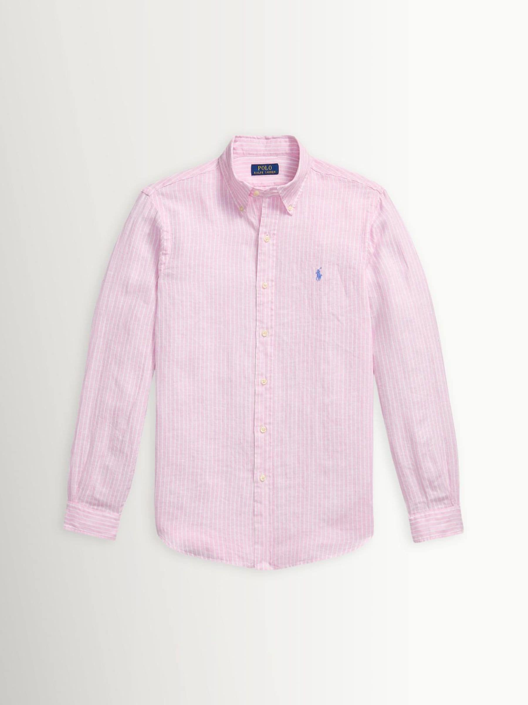 Polo Ralph Lauren Uomo Rosa/Bianco Custom Fit Linen Stripe Shirt