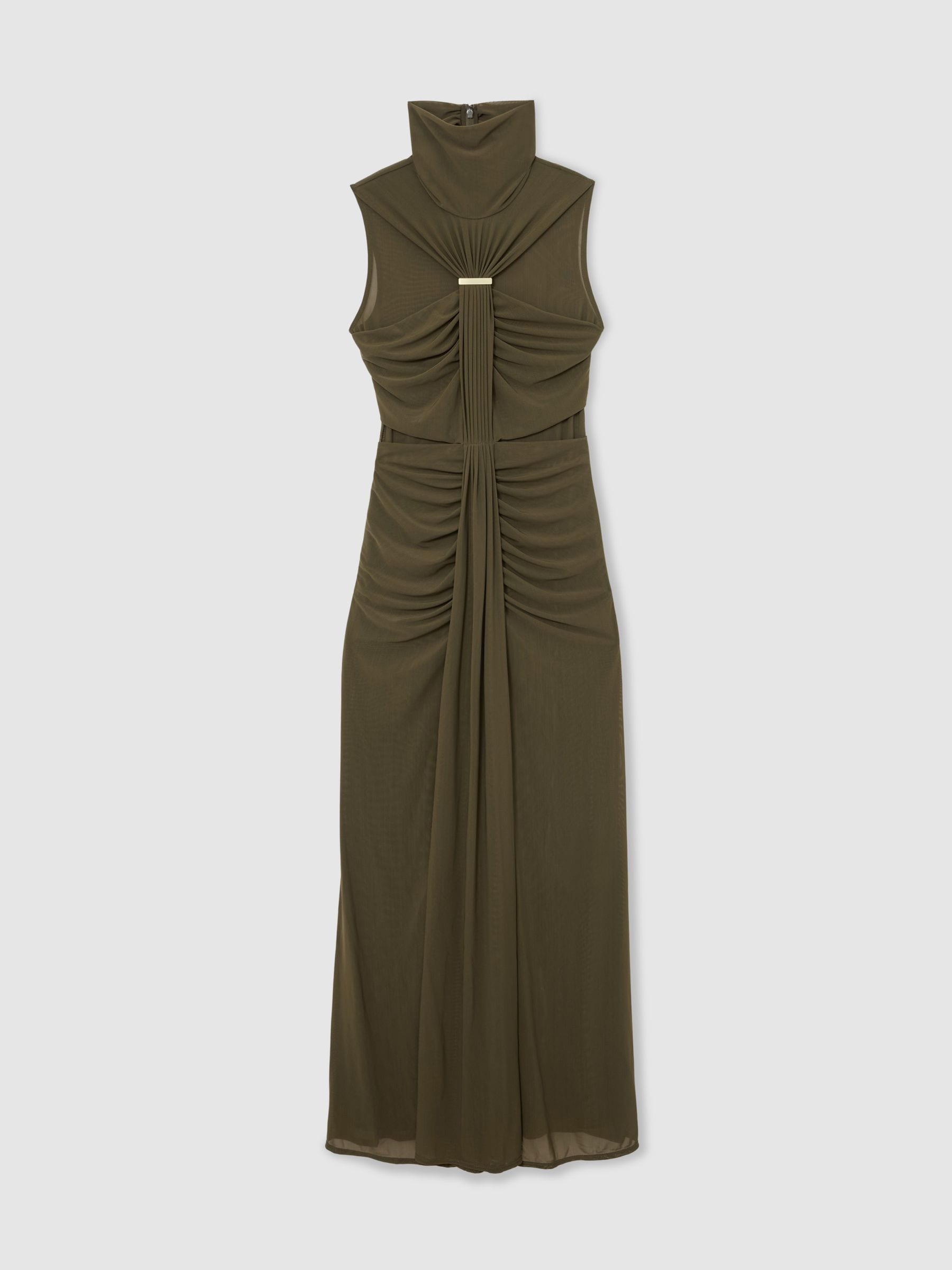Reiss Mujer Verde Caqui Vestido Largo Sin Mangas Fruncido Colette De