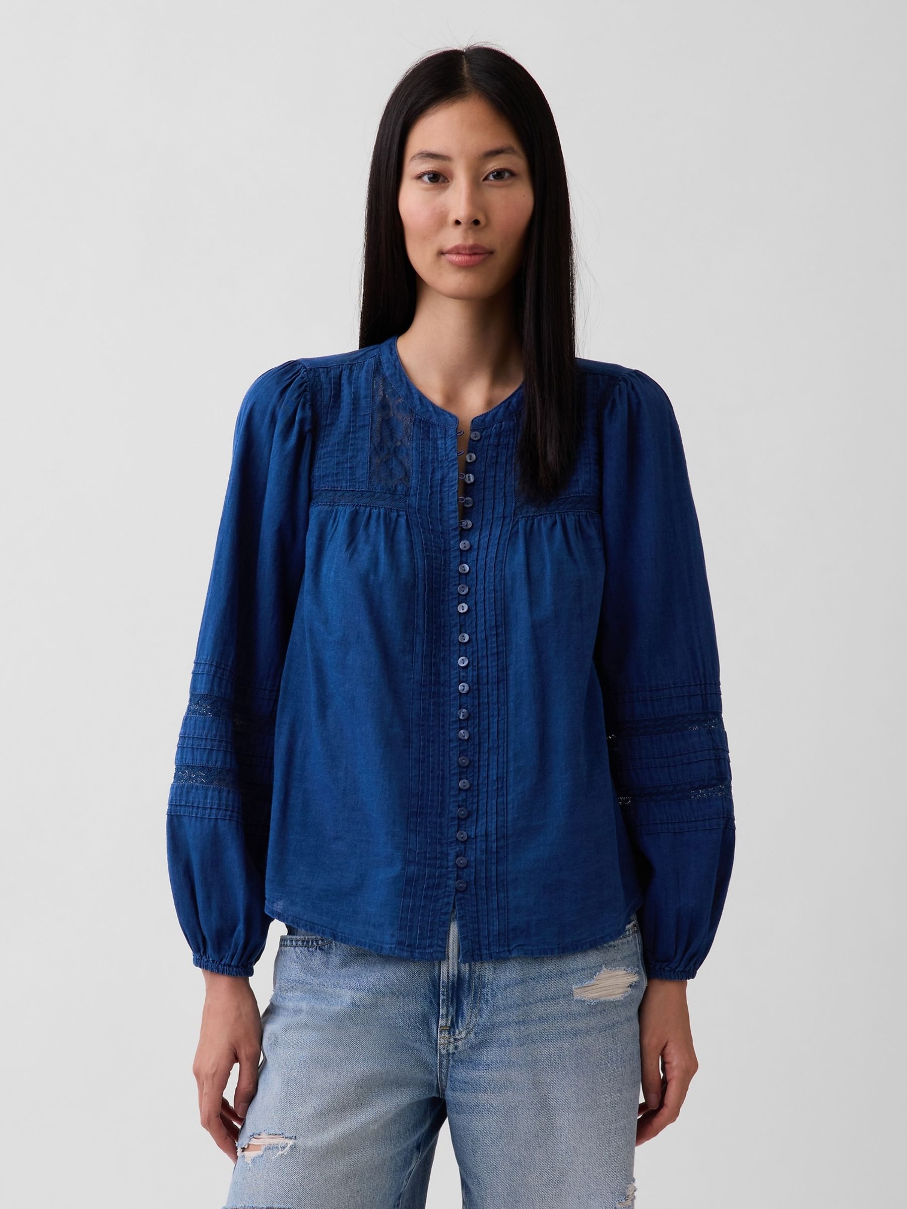 Gap Blue Lace-Trim Pintuck Top