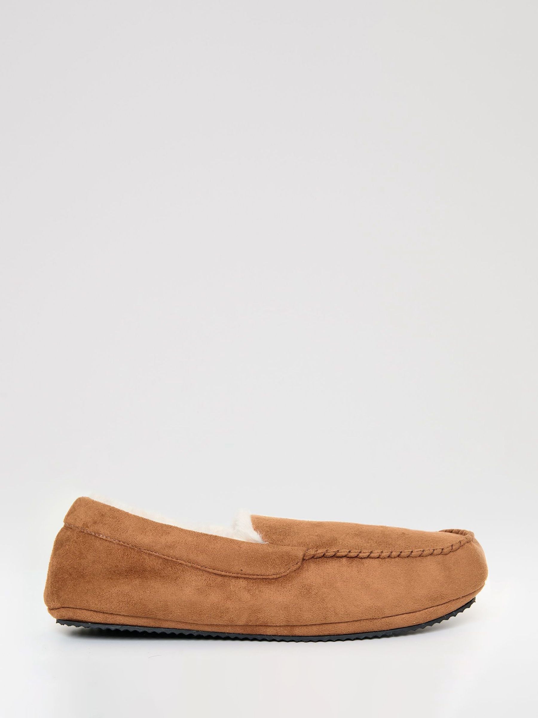 Next - Threadbare Brown Faux Suede Faux Fur Lined Moccasin Slippers