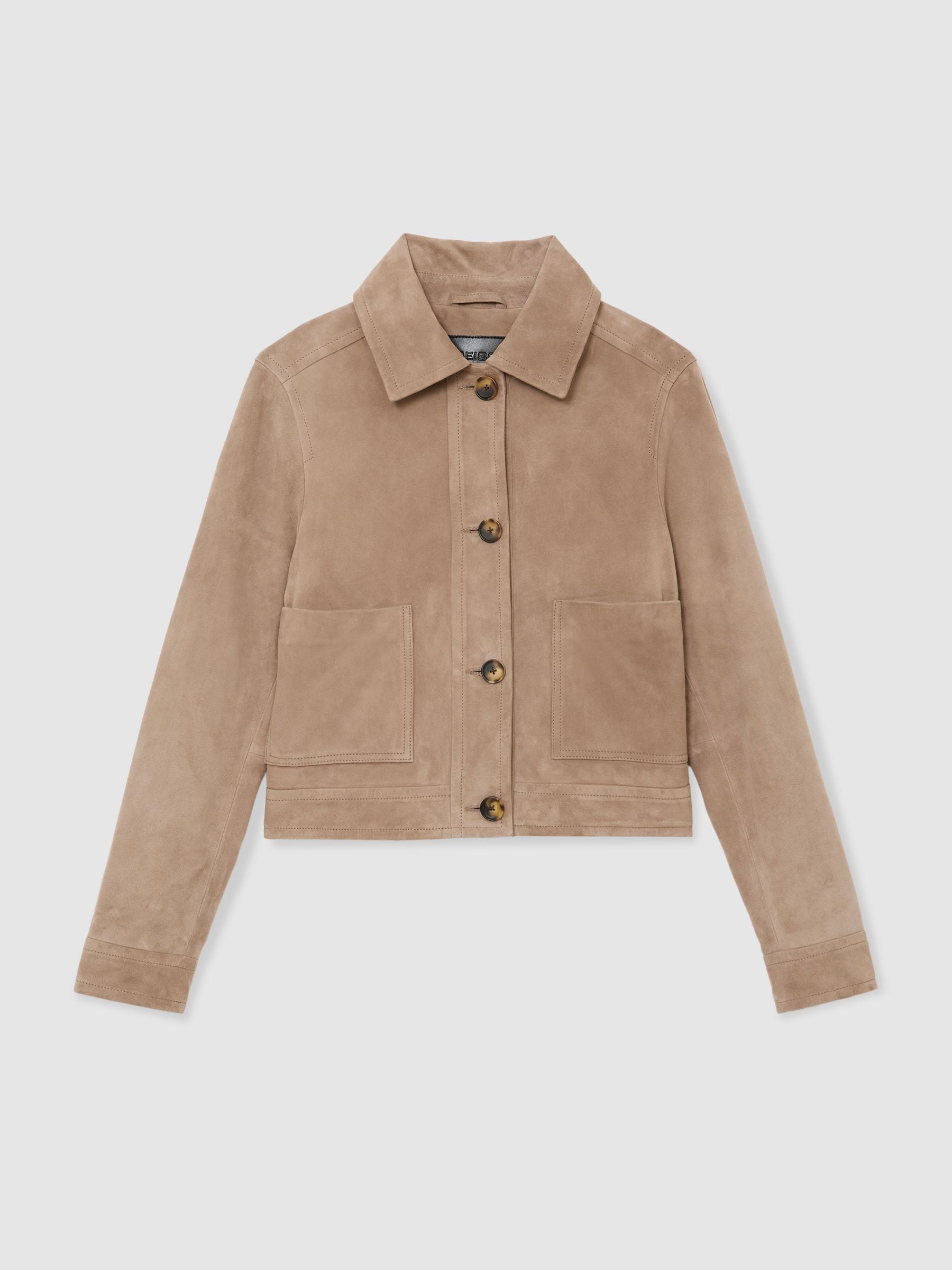 Reiss Neutral Sonny Suede Cropped Trucker Jacket