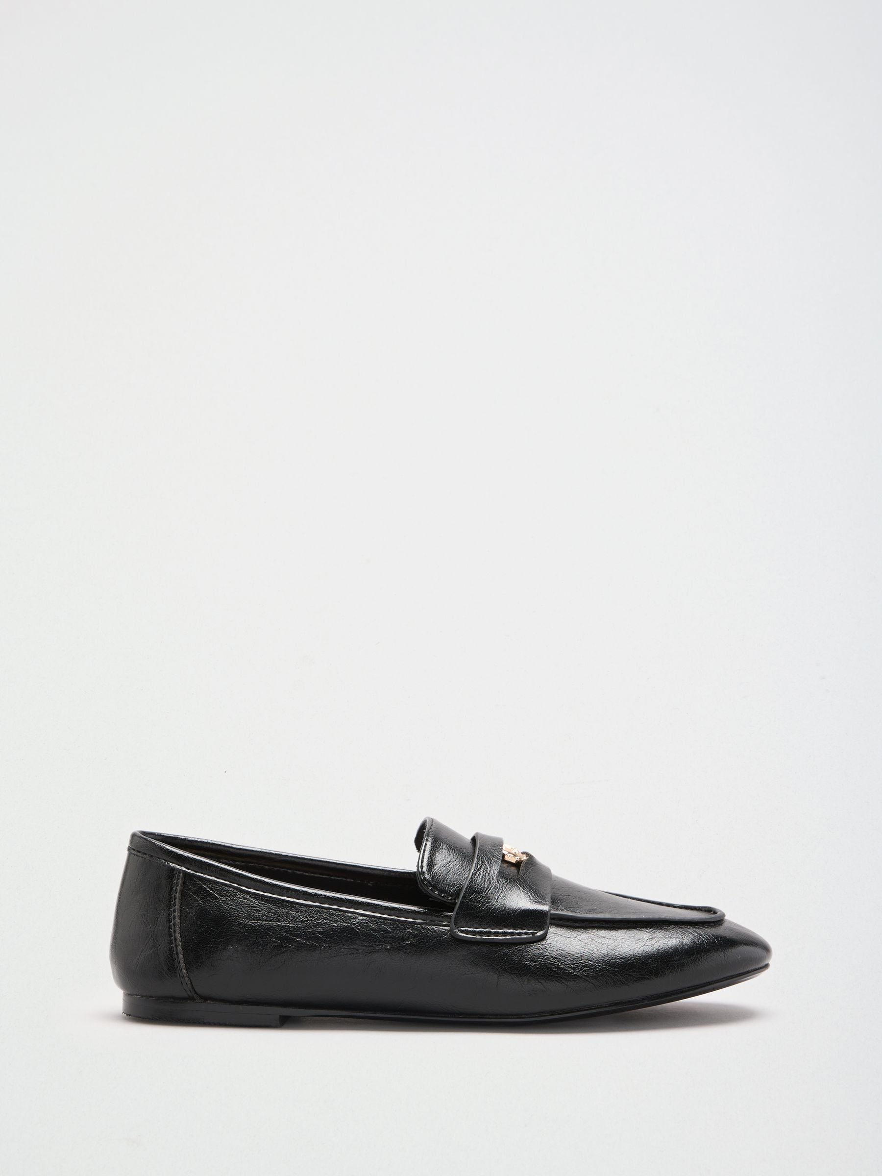 Lipsy Vrouw Black Faux Leather Gold Penny Detail Flat Slip On Slim Loafer