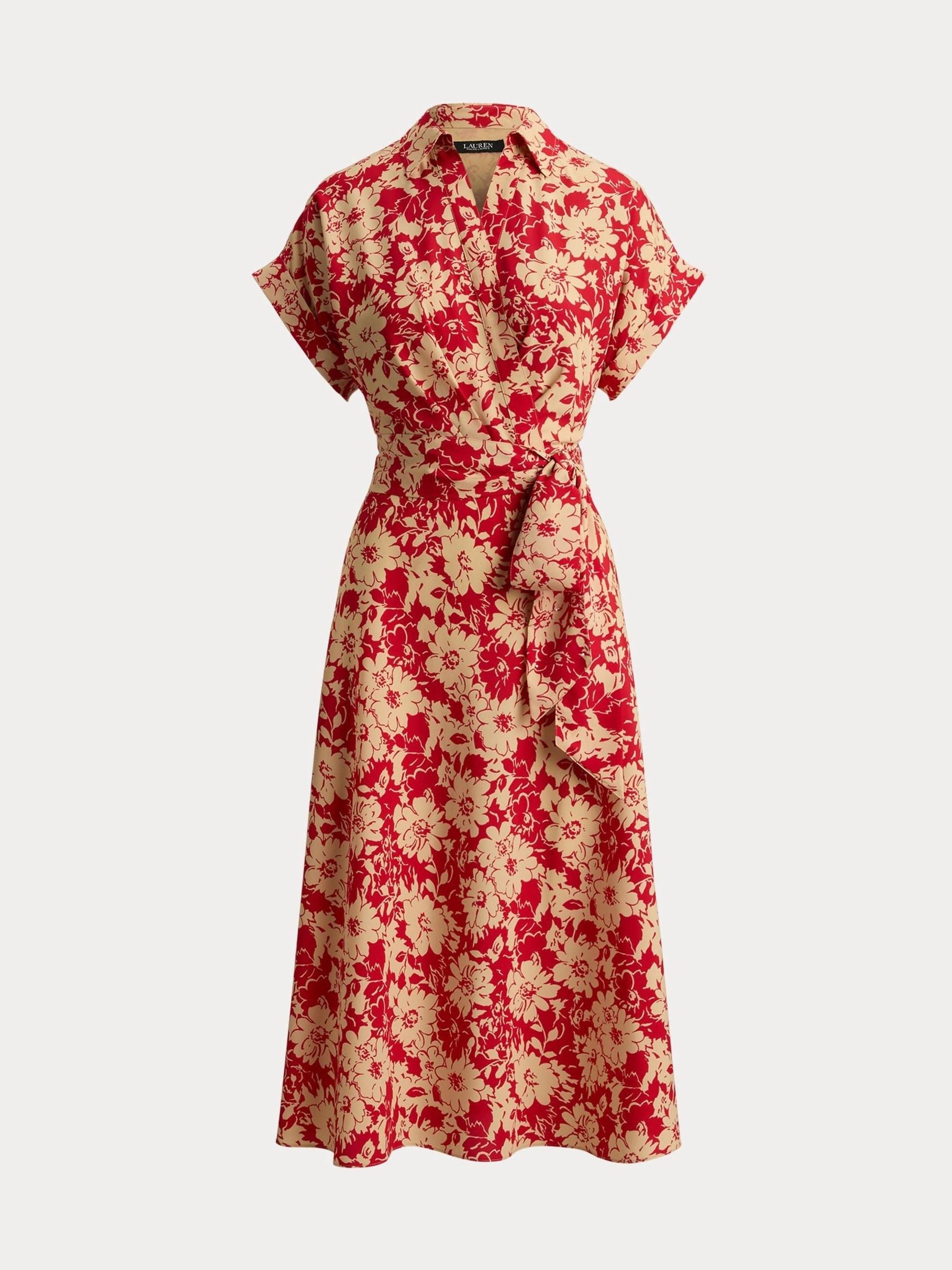Lauren Ralph Lauren Kvinno Röd Blommig Klänning Med Skärp I Crepe