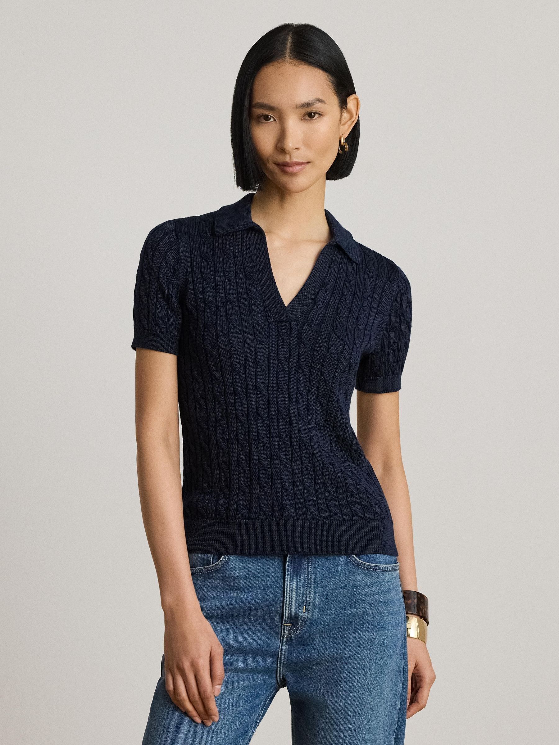 Lauren Ralph Lauren Kvinno Blå Cable Knit Short Sleeve Polo Sweater