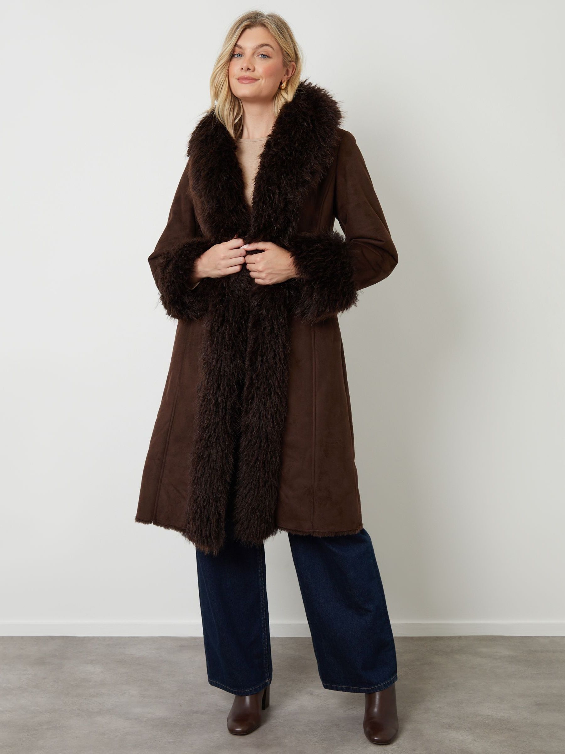 Next - Another Sunday Brown Faux Suede Fur Trim Coat