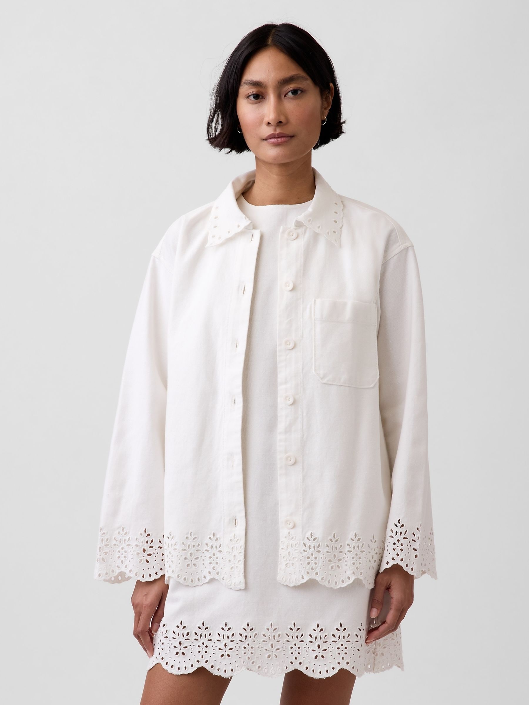 Gap White Eyelet Hem Relaxed Shirt Jacket