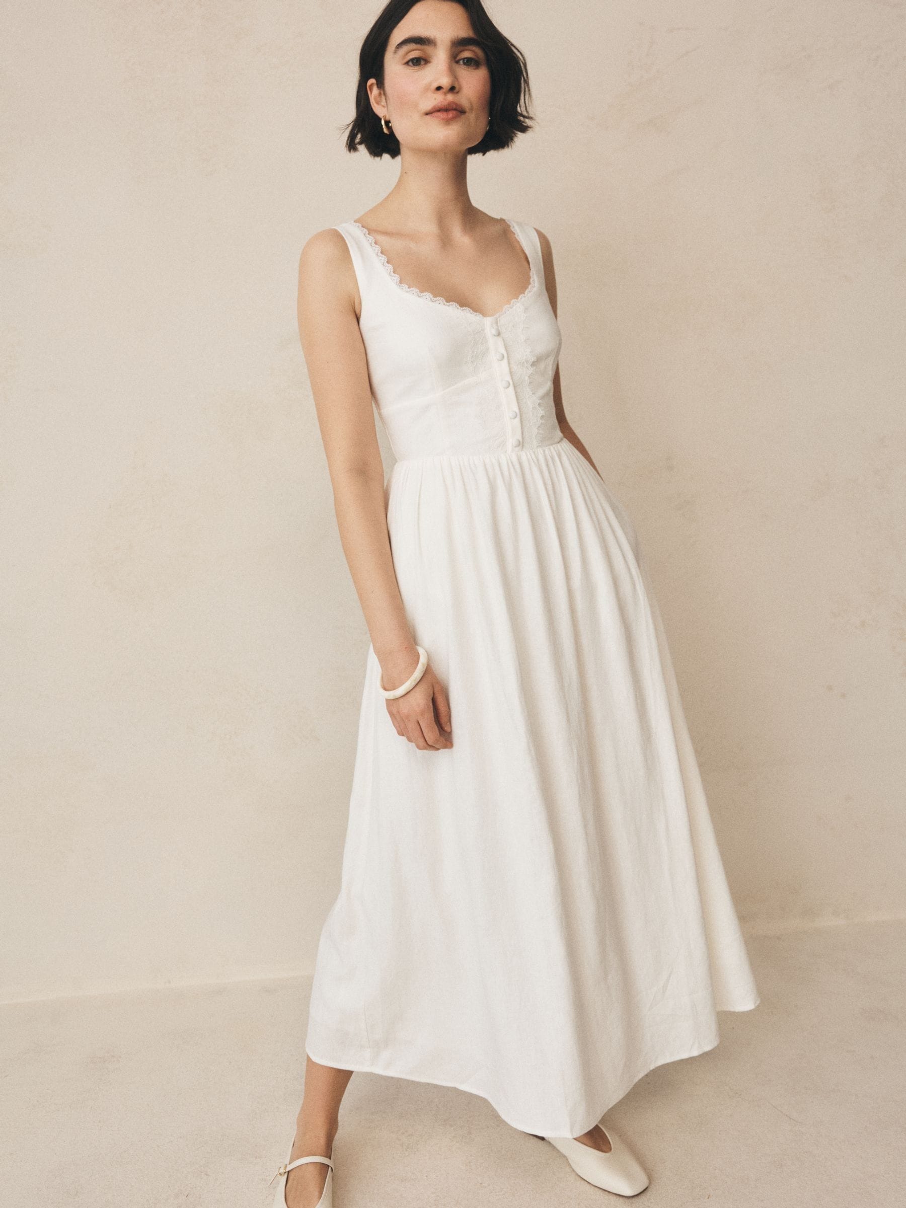 Gap White Linen Blend Sweetheart Neck Lace-Inset Maxi Dress