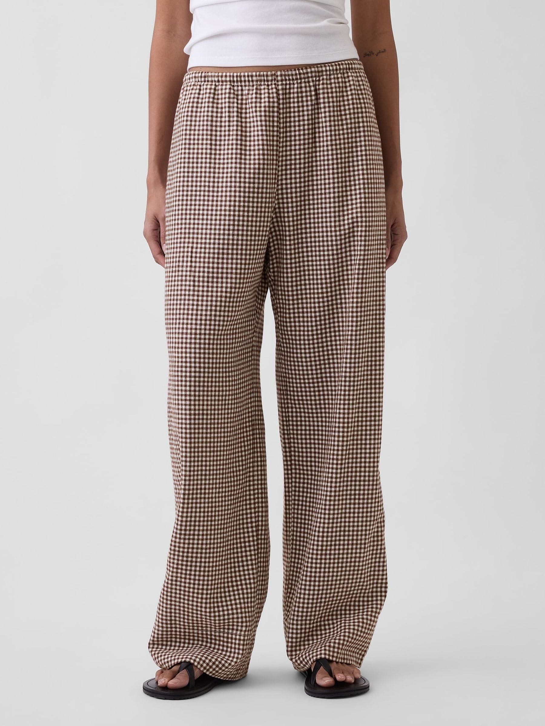 Gap Brown Gingham Linen Wide Leg Trousers