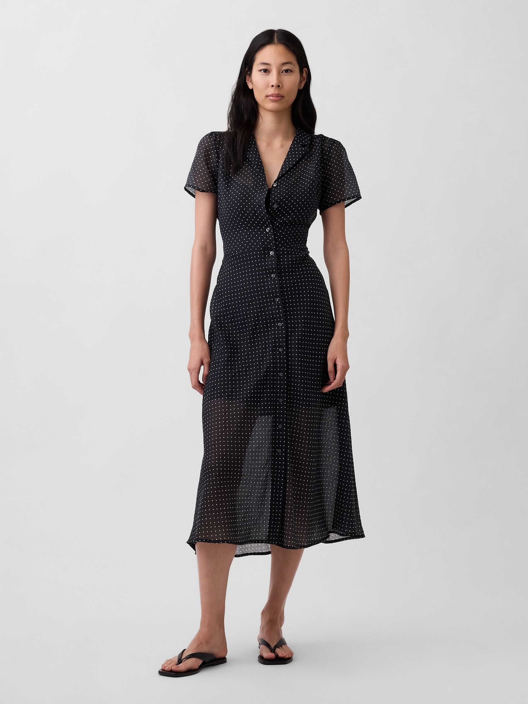 Gap Black Spotted Gingham Sheer Midi Shirt Dress