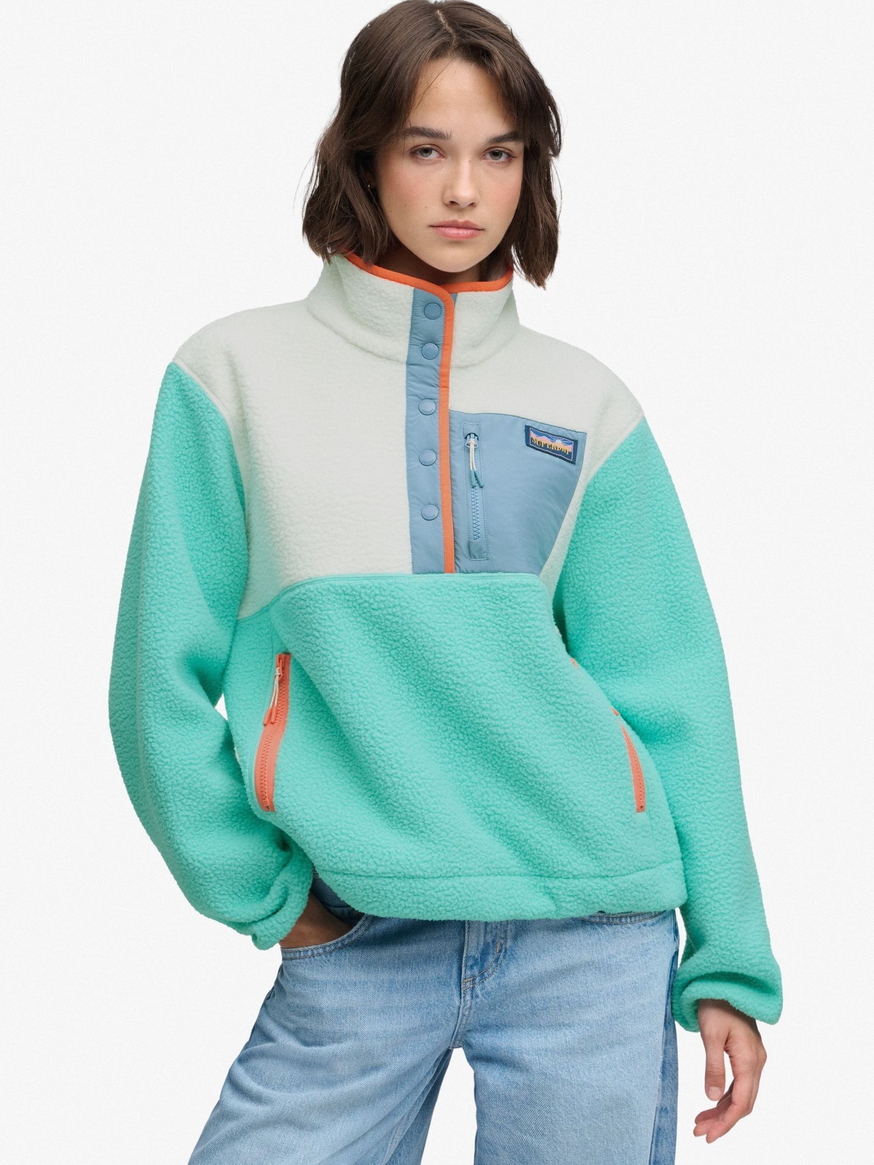 Superdry Mujer Verde Aqua Blue Colour Block Pull Over Fleece - Imagen 1