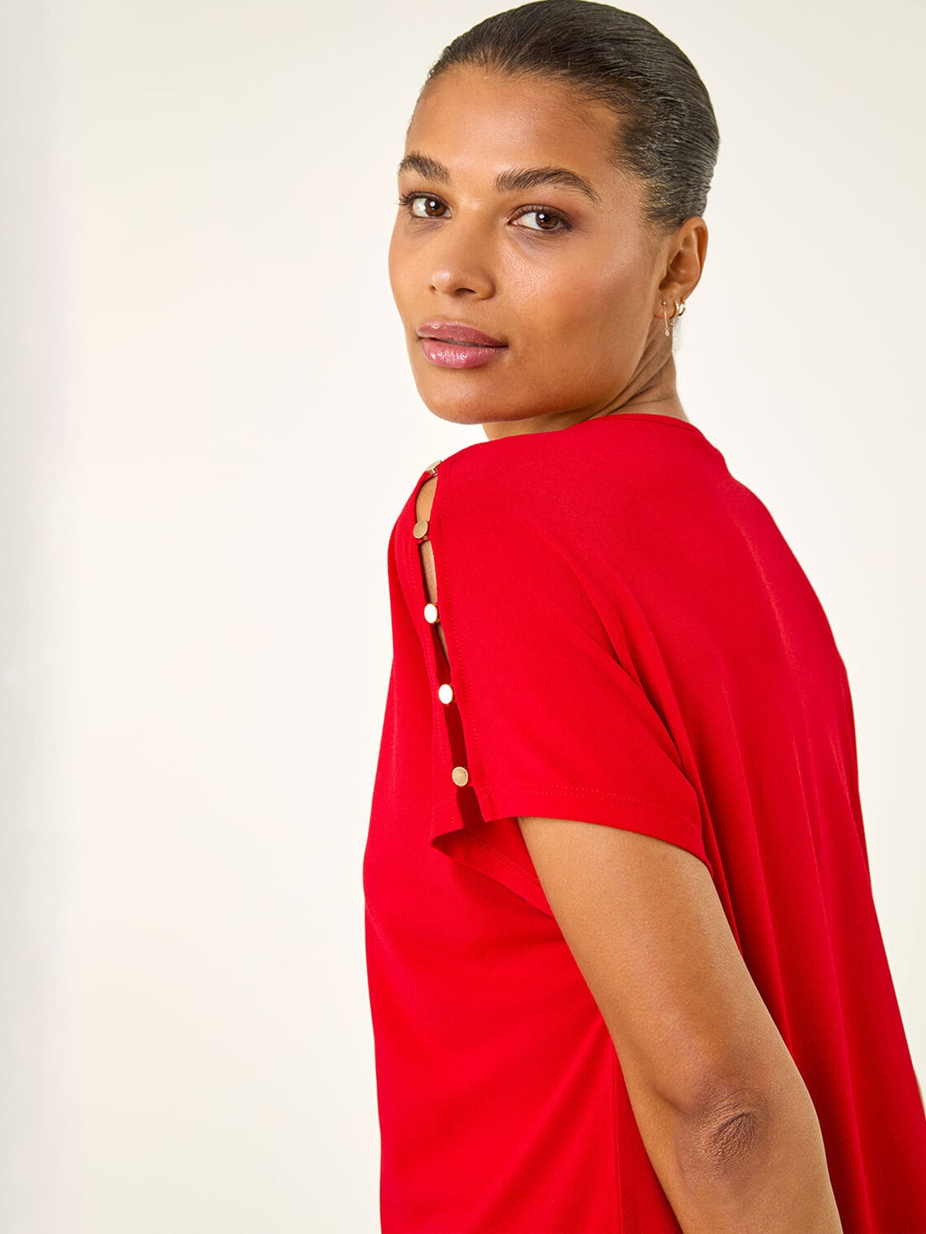 Roman Red Cold Shoulder Button Top