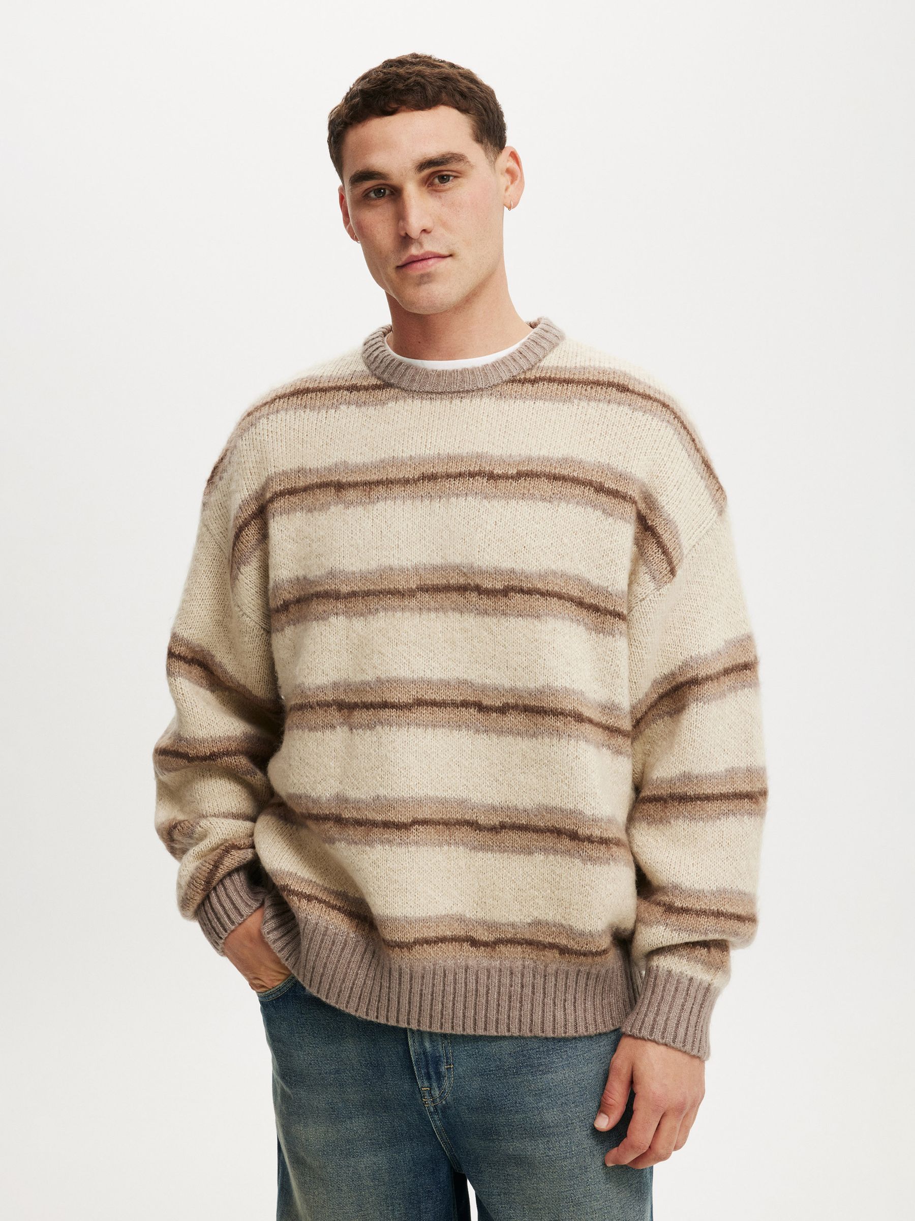Cotton On Grey Stripe Box Fit Fuzzy Crew Neck Knit Jumper