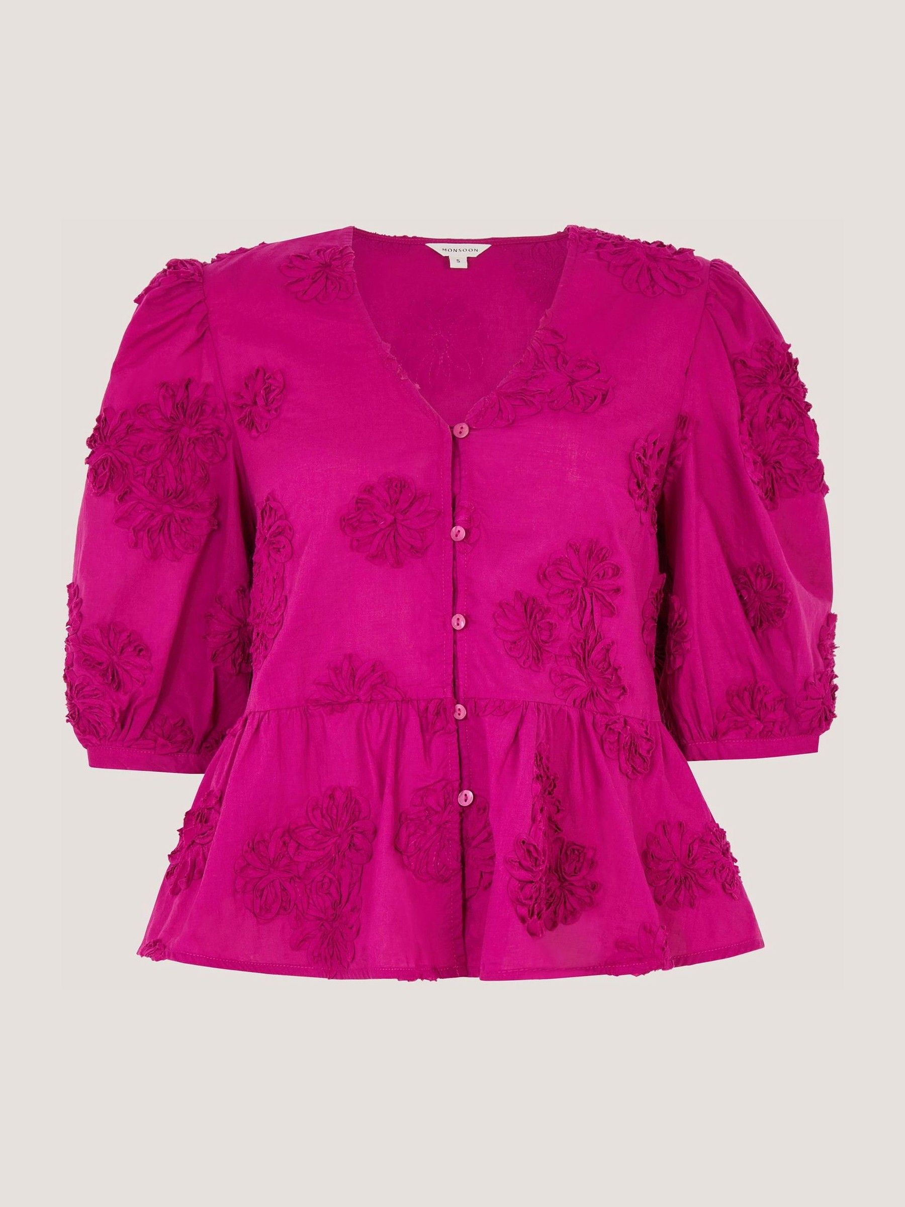 Monsoon Pink Tammy V-Neck Embroidered Floral Puff Crop Sleeve Top