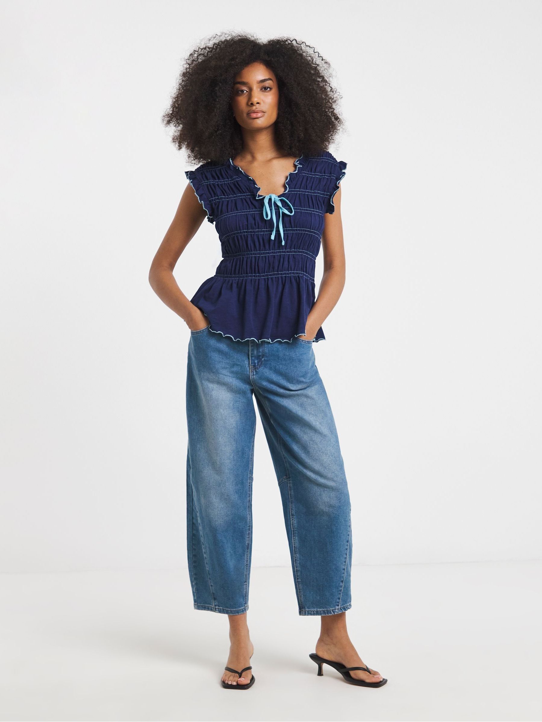 Simply Be Blue Shirred Peplum V-Neck Top