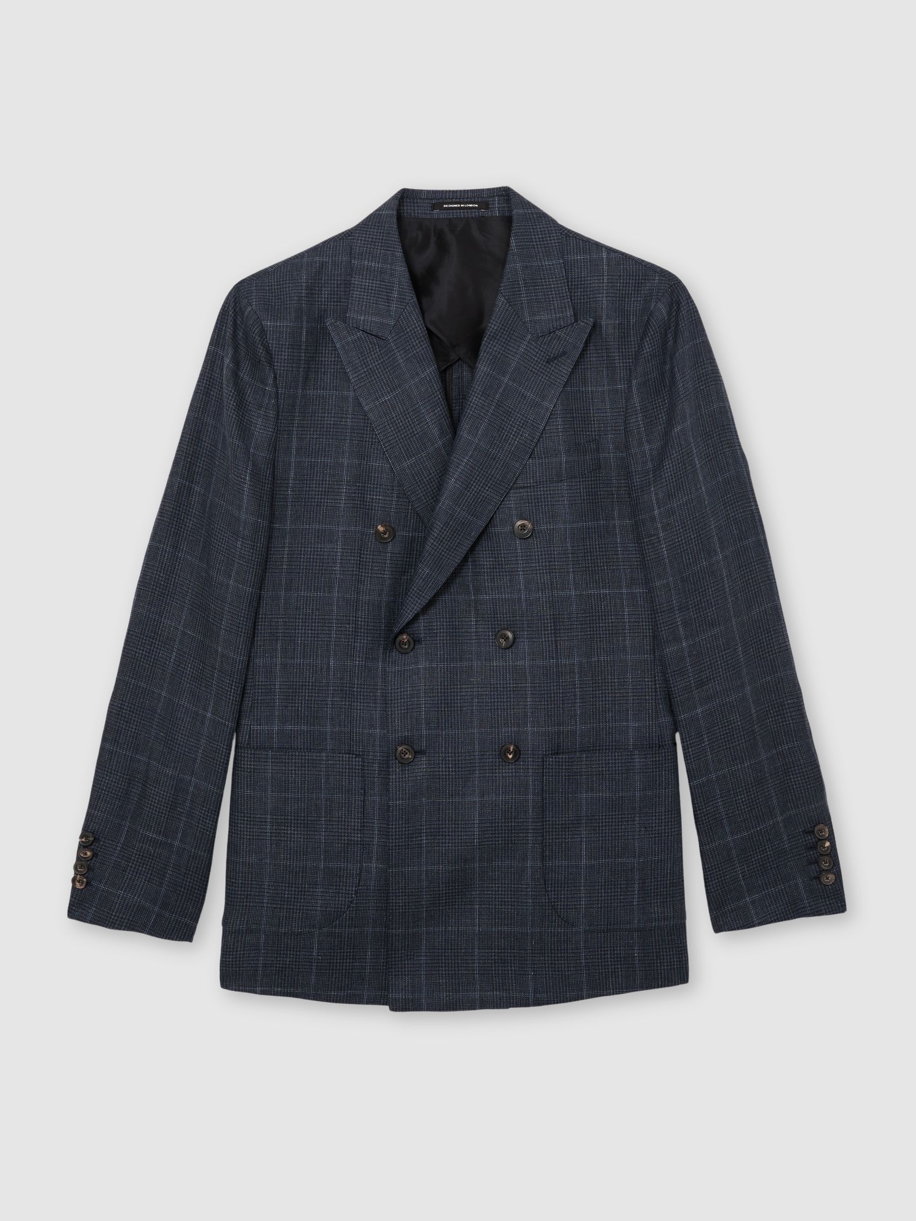 Reiss Navy Adoro Linen Check Double-Breasted Tailored-Fit Blazer