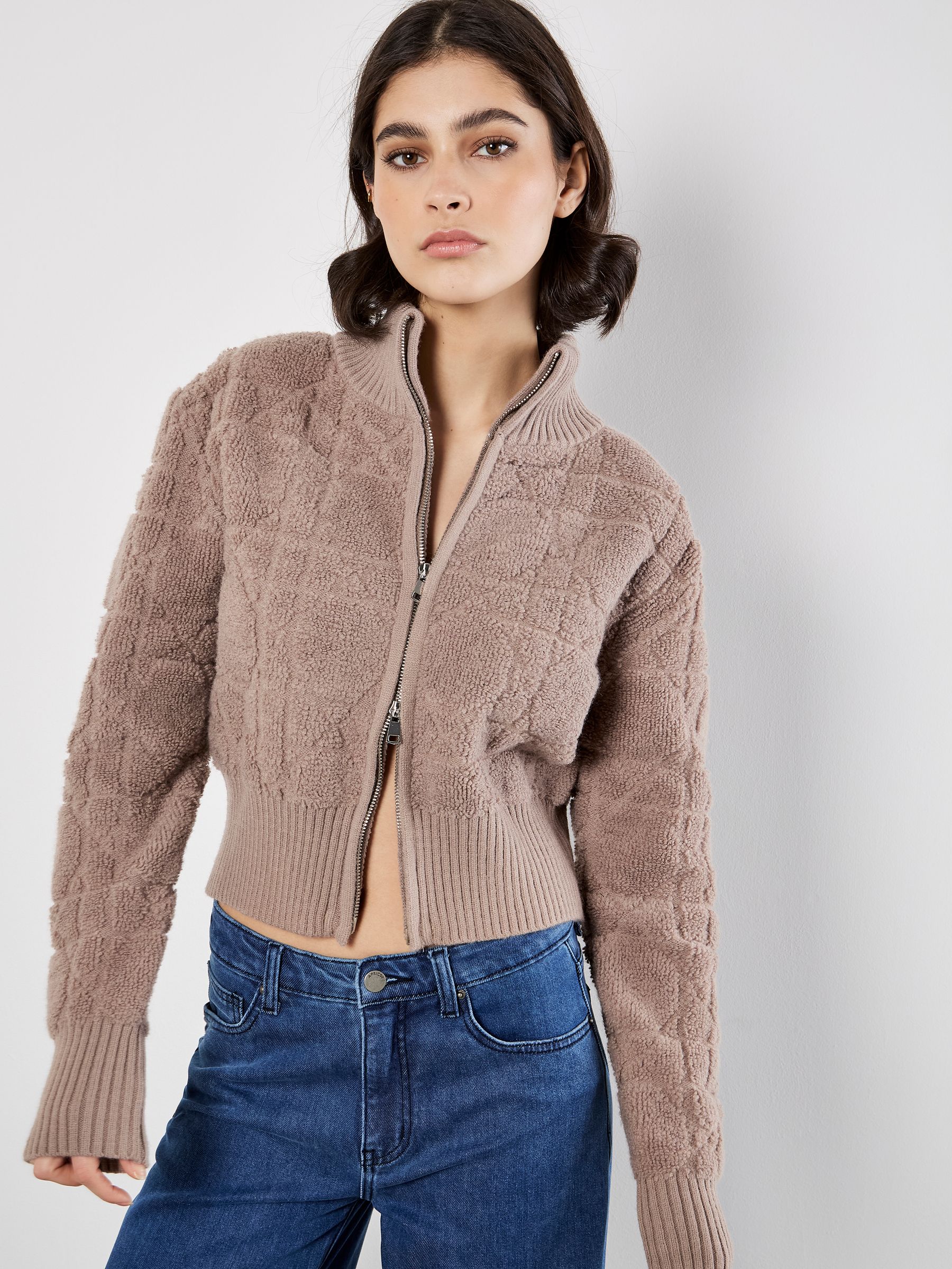 Apricot Brown High Neck 3D Textred Rib Edge Zip Cardigan