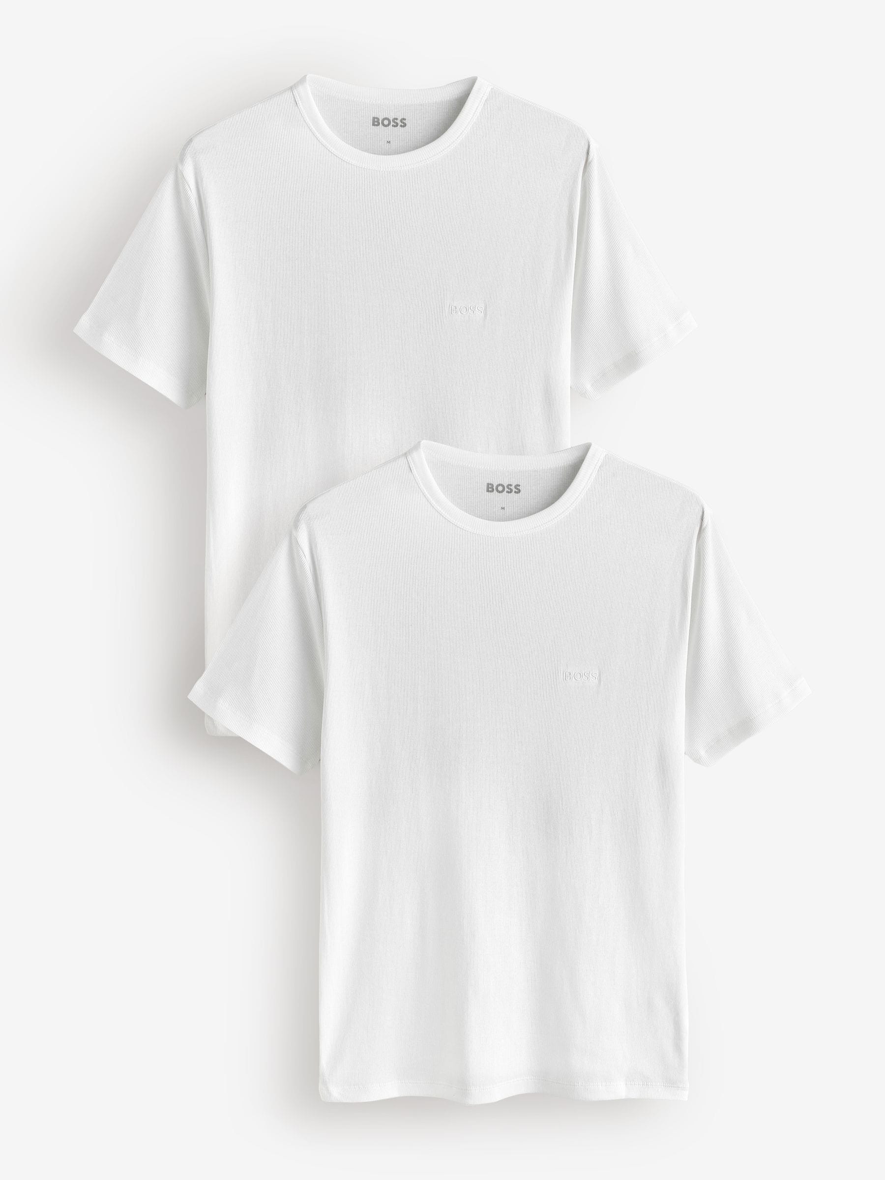 Boss White Ribbed Regular Fit Logo T-Shirts 2 Pack