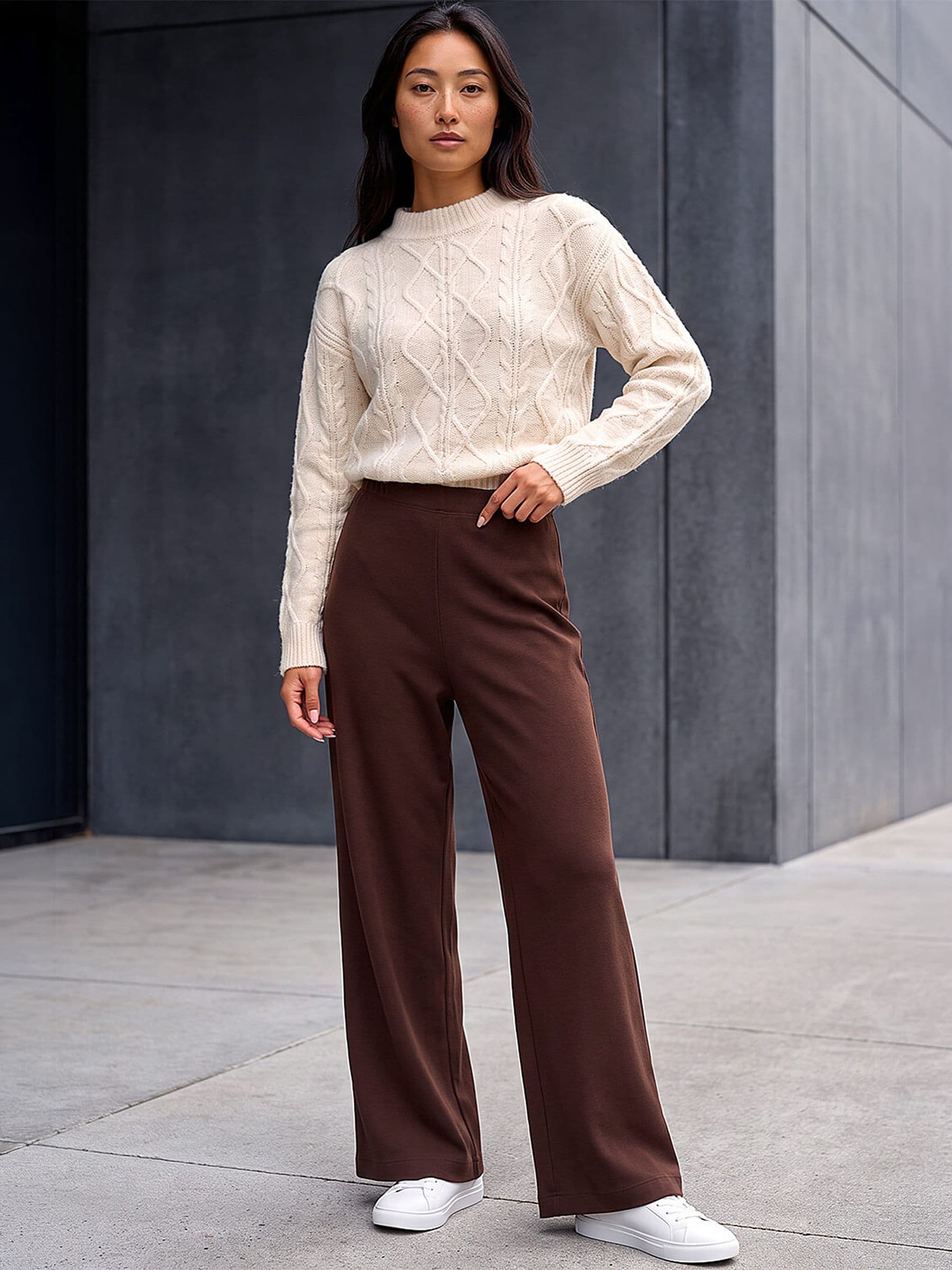 Roman Brown Petite Brushed Ribbed Trousers - Image 1