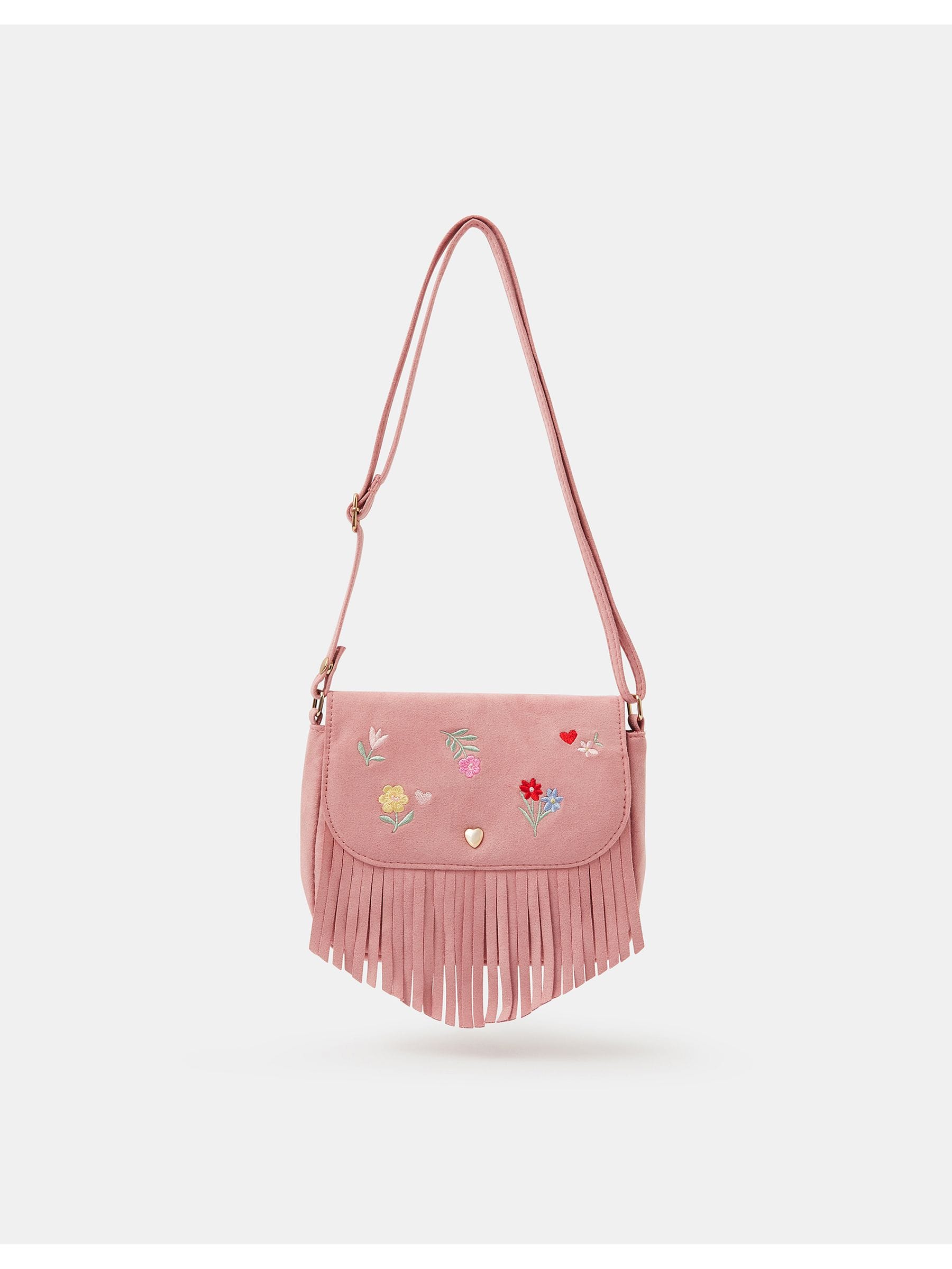 Angels By Accessorize Pink Girls Floral Embroidered Fringe Cross-Body Bag