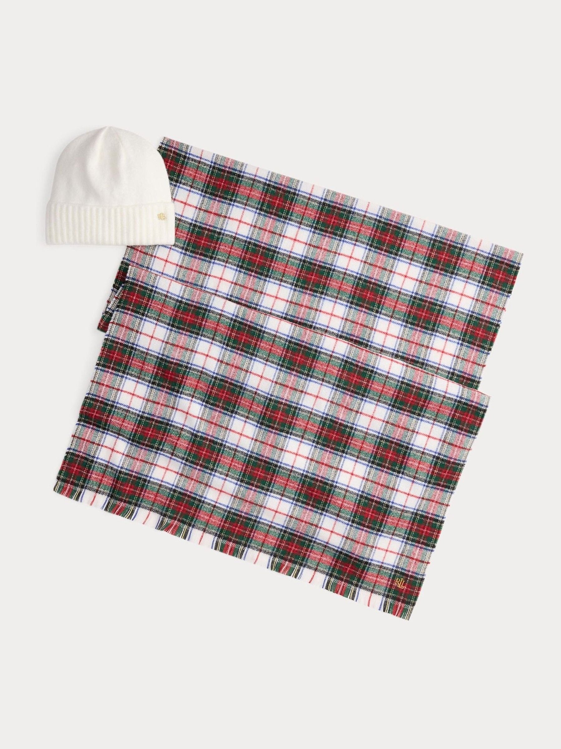Lauren Ralph Lauren Cream Stewart Plaid Wrap Scarf & Knit Beanie Set