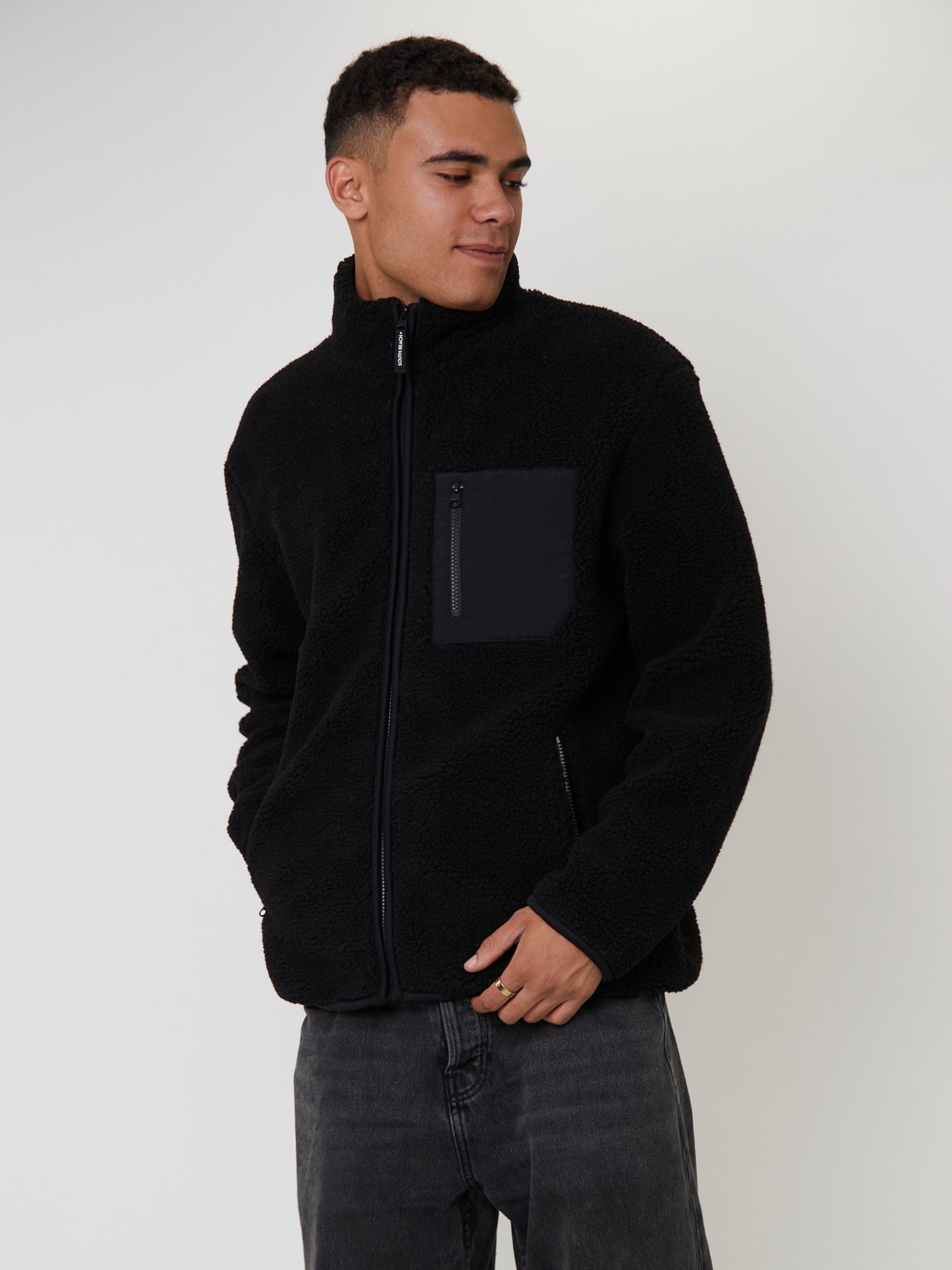 South Beach Black Fleece Borg Zip Jacket With Pocket