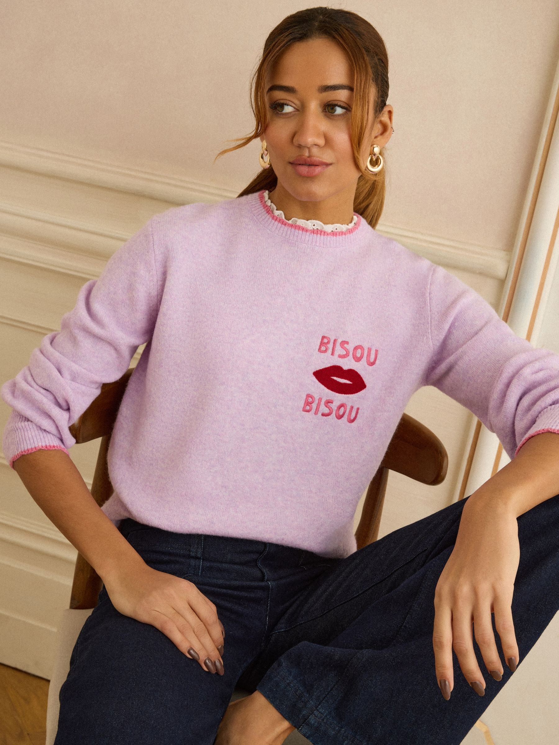 Love & Roses Lilac Purple Embroidered Neck Knitted Jumper