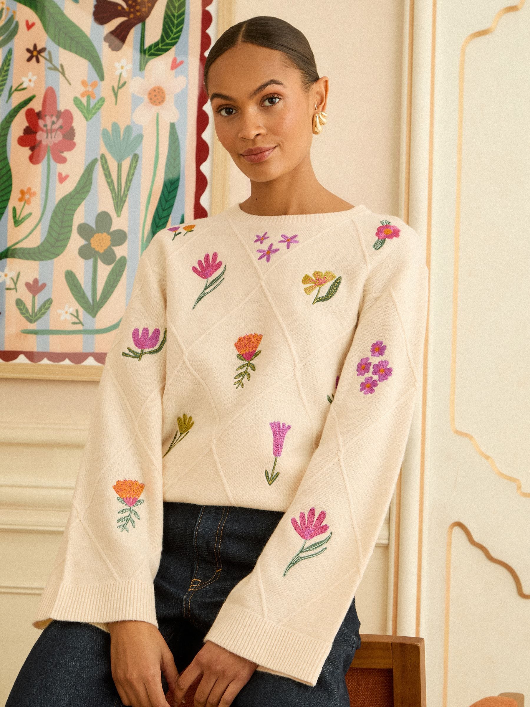 Love & Roses Ivory Embroidered Detail Knitted Jumper