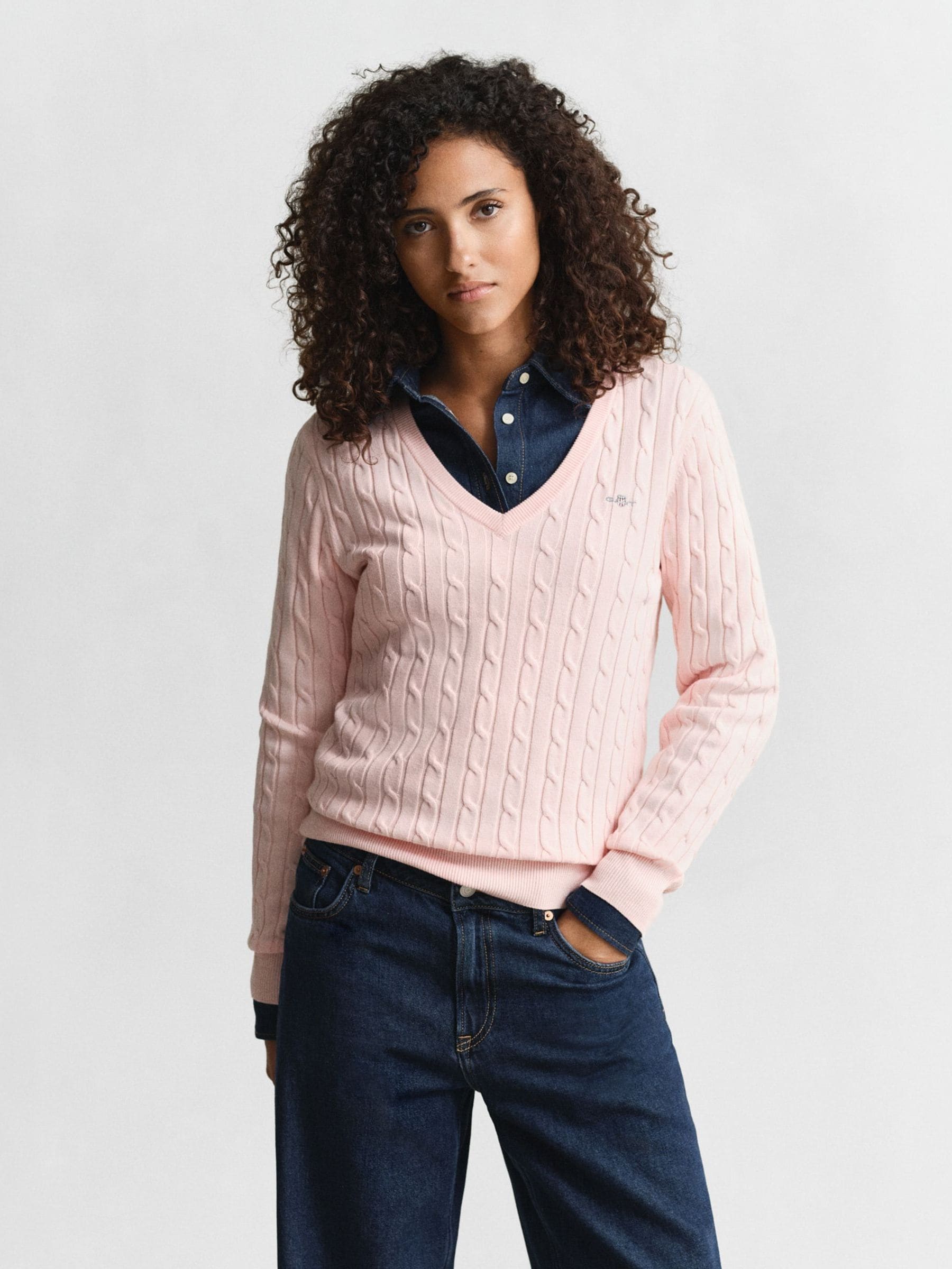 Gant Pink Cable Knit V-Neck Jumper
