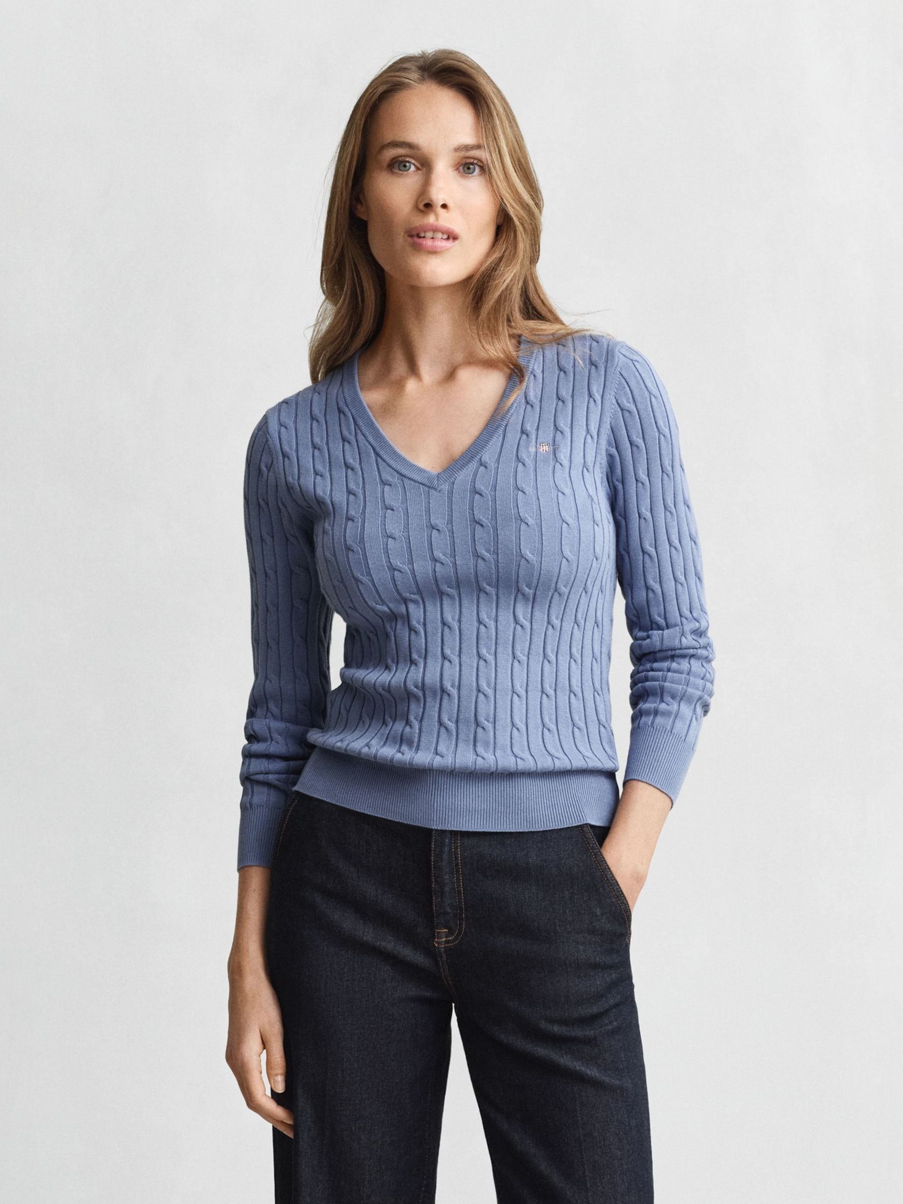 Gant Blue Cable Knit V-Neck Jumper