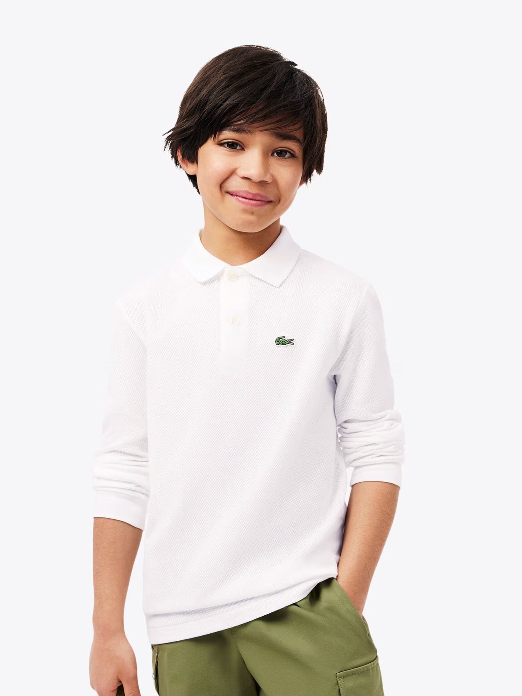 Lacoste Miesten Valkoinen Pitkähihainen Piqué Logo Pikeepaita