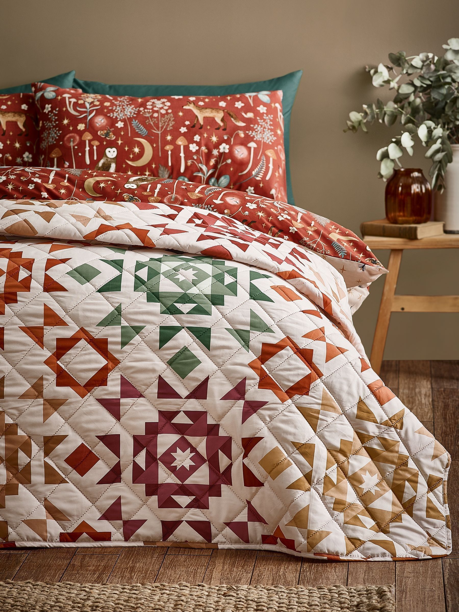 Catherine Lansfield Natural Autumn Patchwork Geo Quilted Bedspread - Image 1