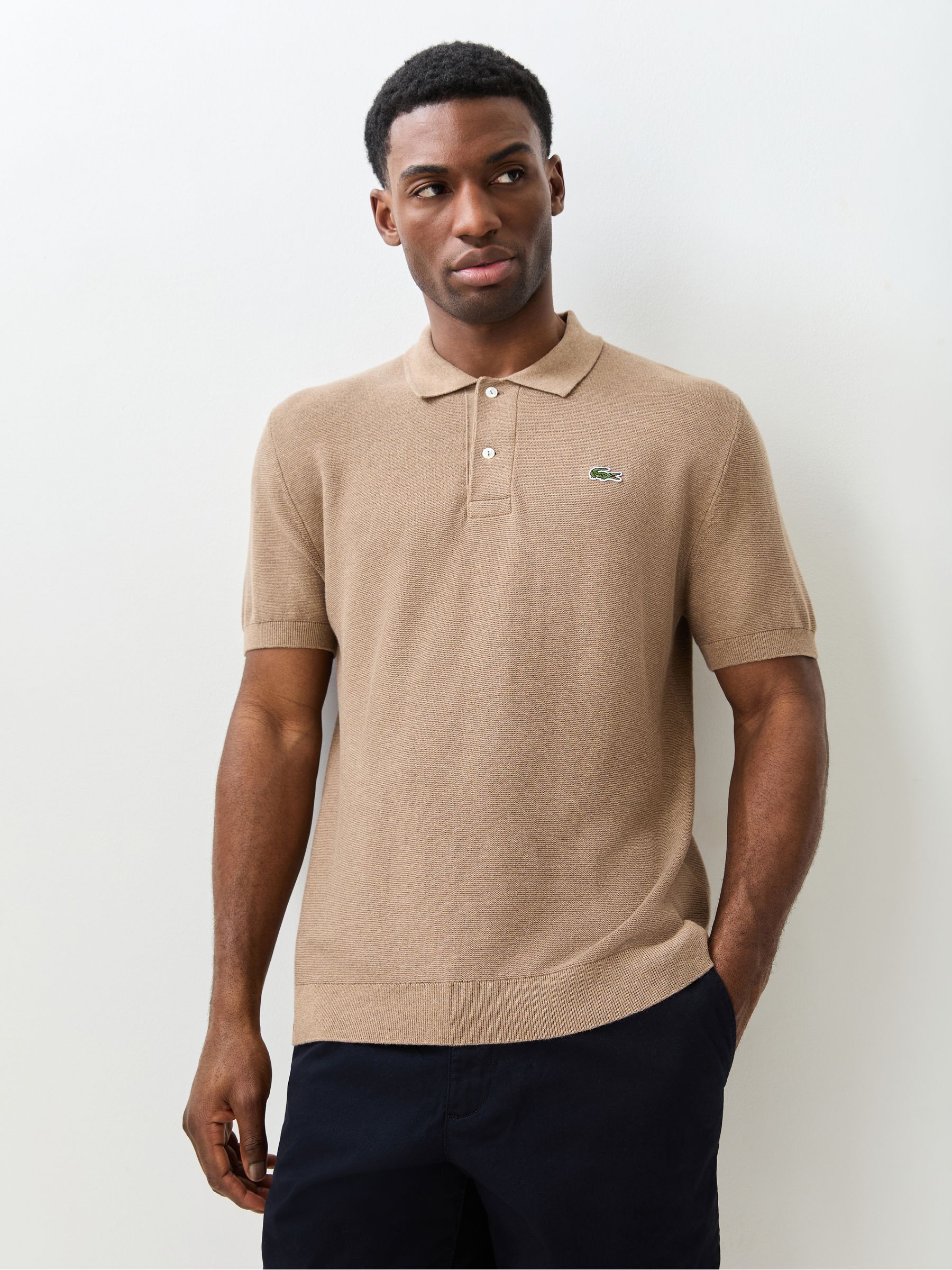 Lacoste Cream Fine Knit Moss Stitch Cotton Polo Collar Sweater