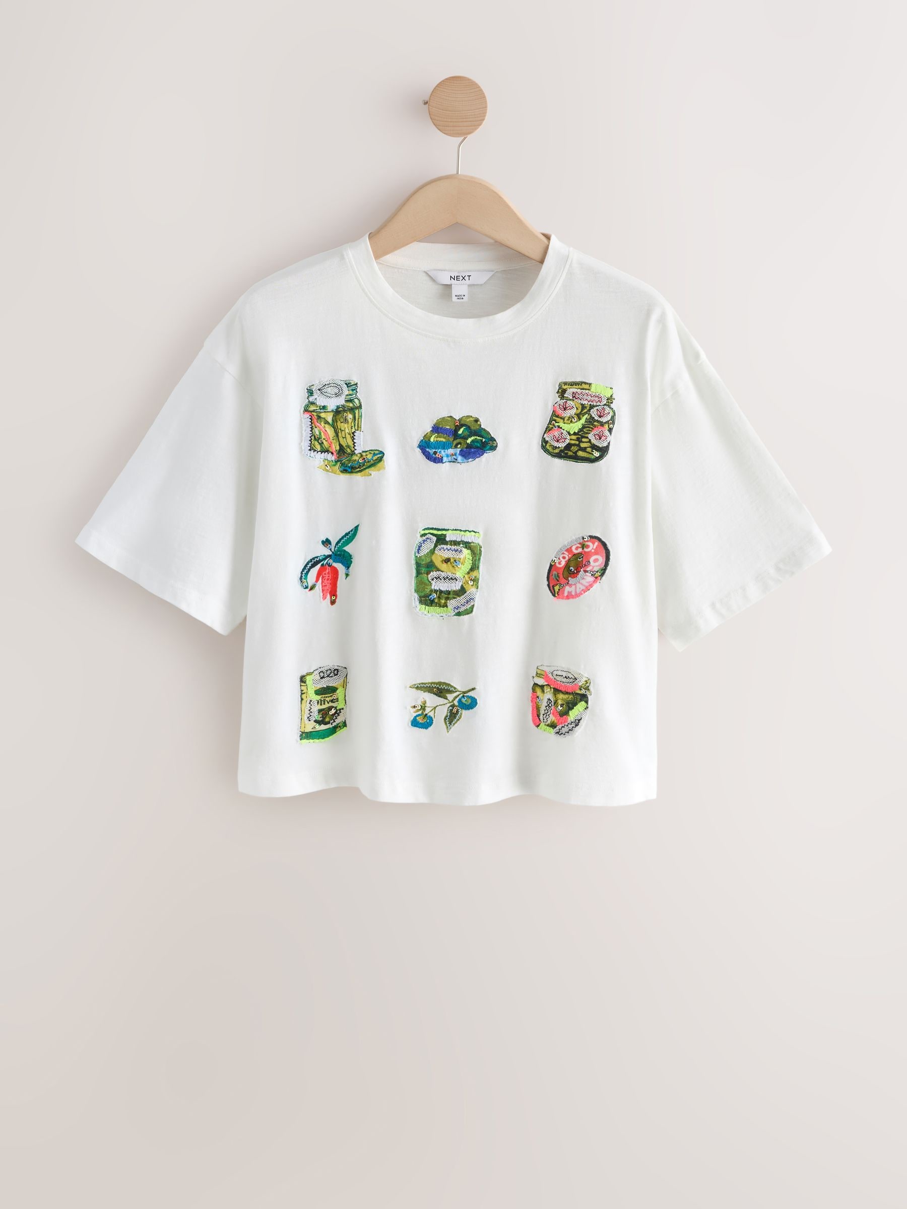 Next White Sequin Embellished Graphic Pickles Crew Neck T-Shirt