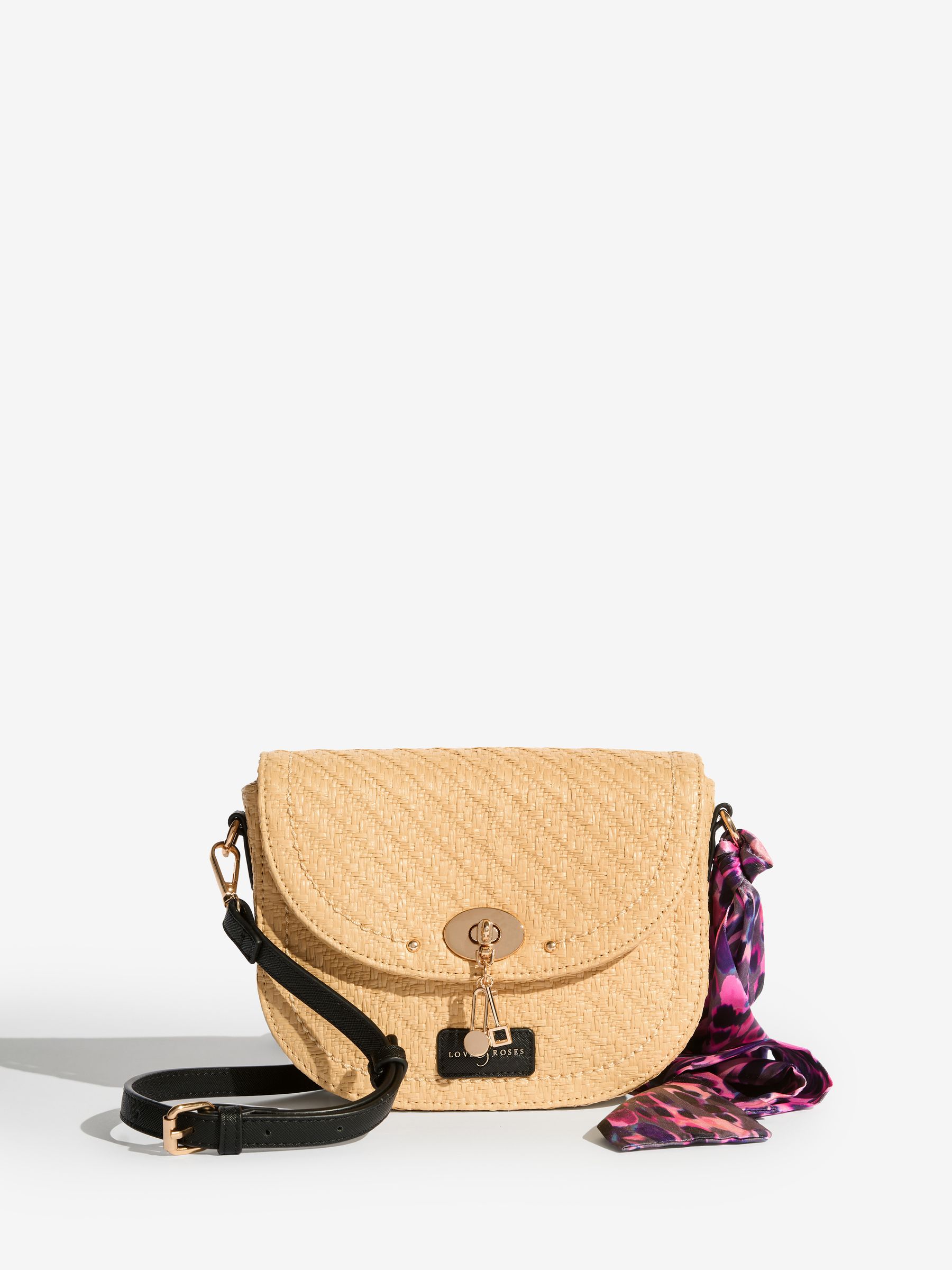 Love & Roses Natural Raffia Saddle Cross-Body Bag