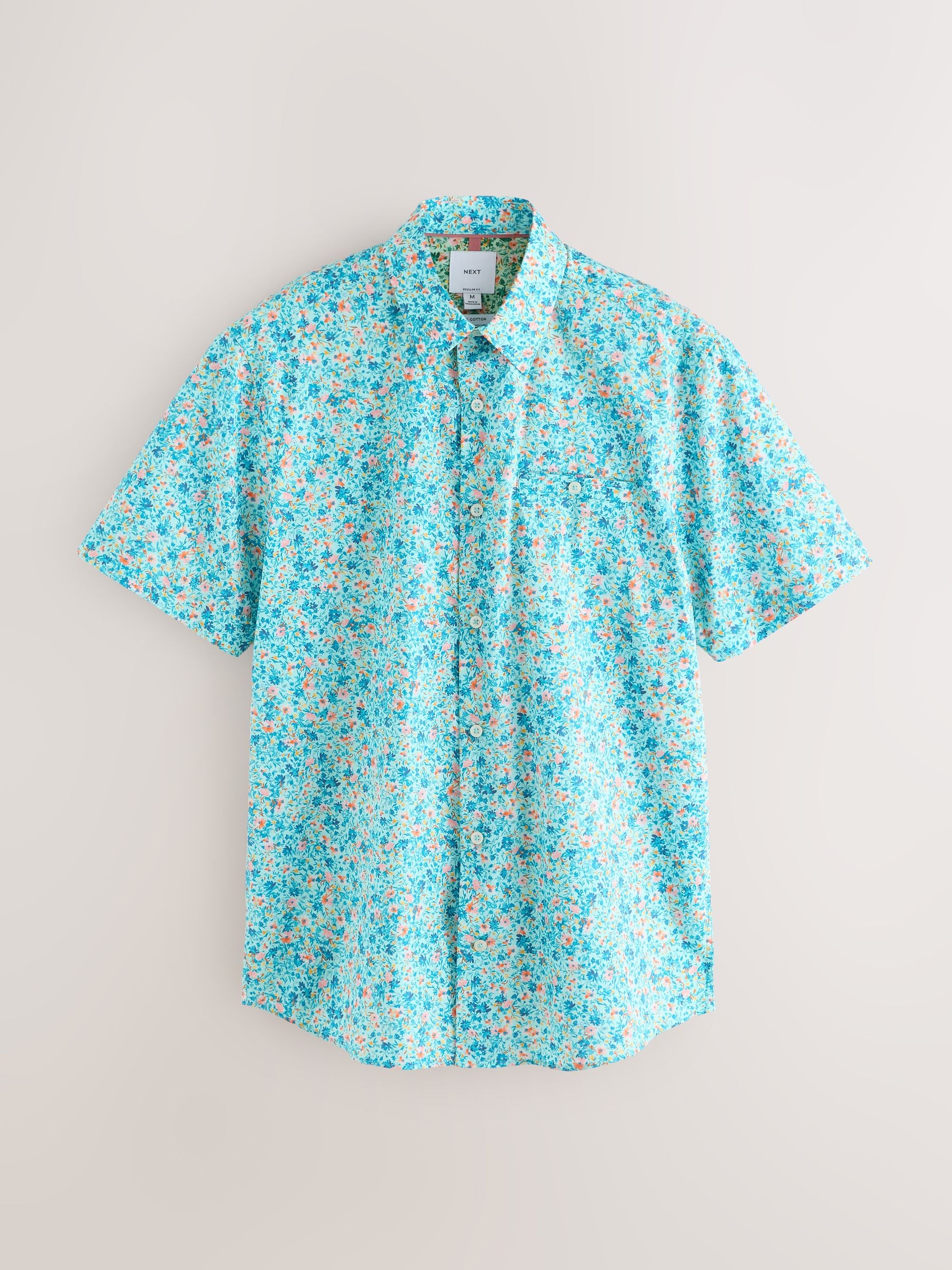 Next Mannelijk Bleu Multicolore À Petites Fleurs Chemise Imprimée En Coton À Manches Courtes