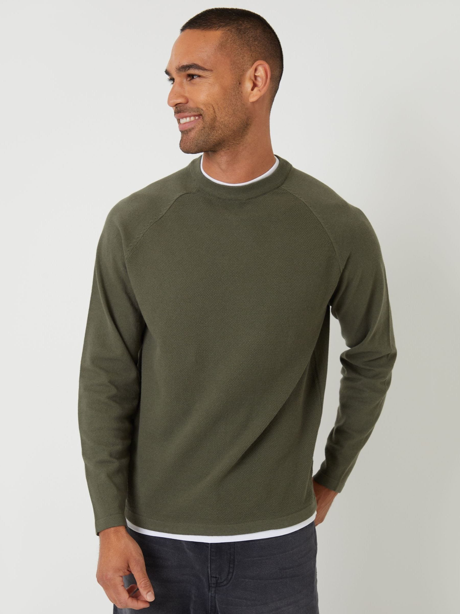 Threadbare Khaki Mock T-Shirt Textured Knit Crew Neck Jumper