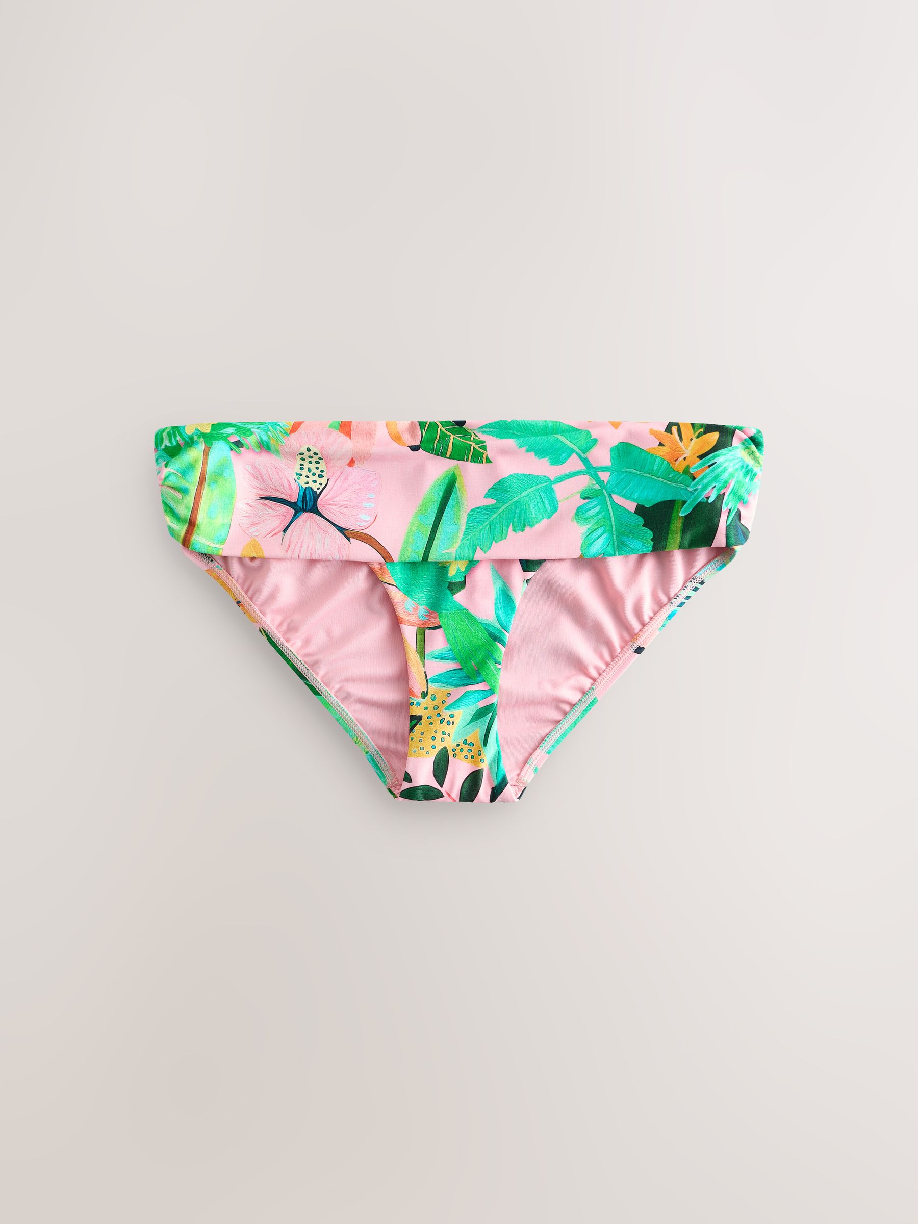 Next Coral Pink Tropical Roll Top Print Bikini Bottoms