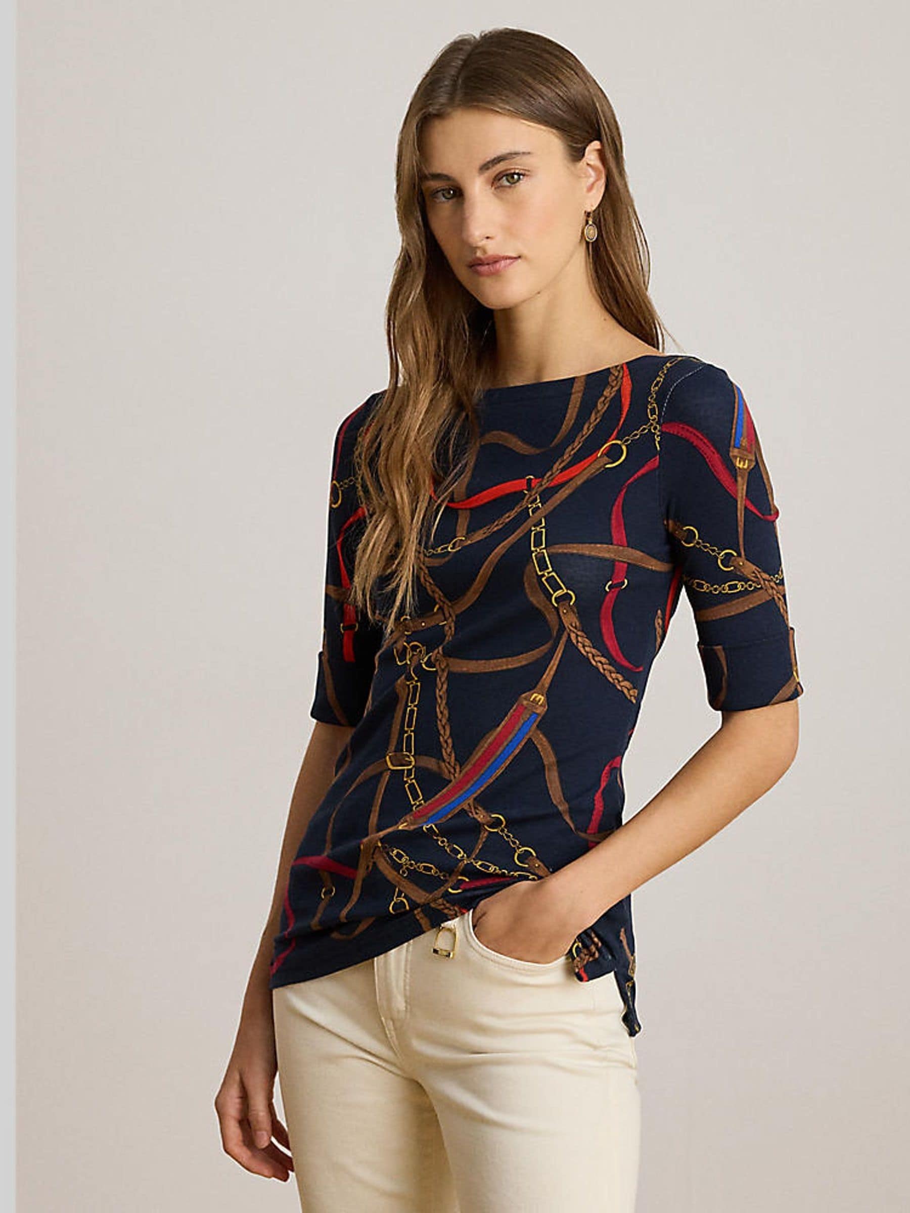 Lauren Ralph Lauren Belt Print Judy Stretch Cotton Boat Neck T-Shirt